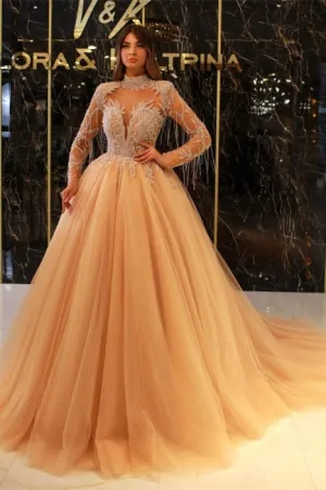 Princess Long Gold High Neck A-line Beading Evening Dresses With Long Sleeves