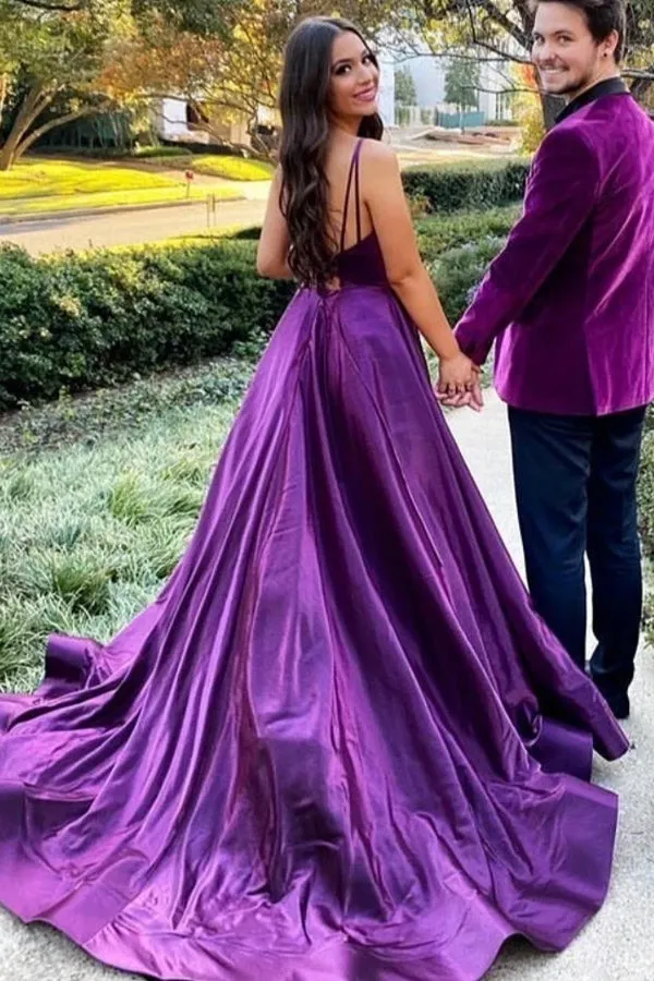 Purple Satin Backless Long A-line Prom Dresses