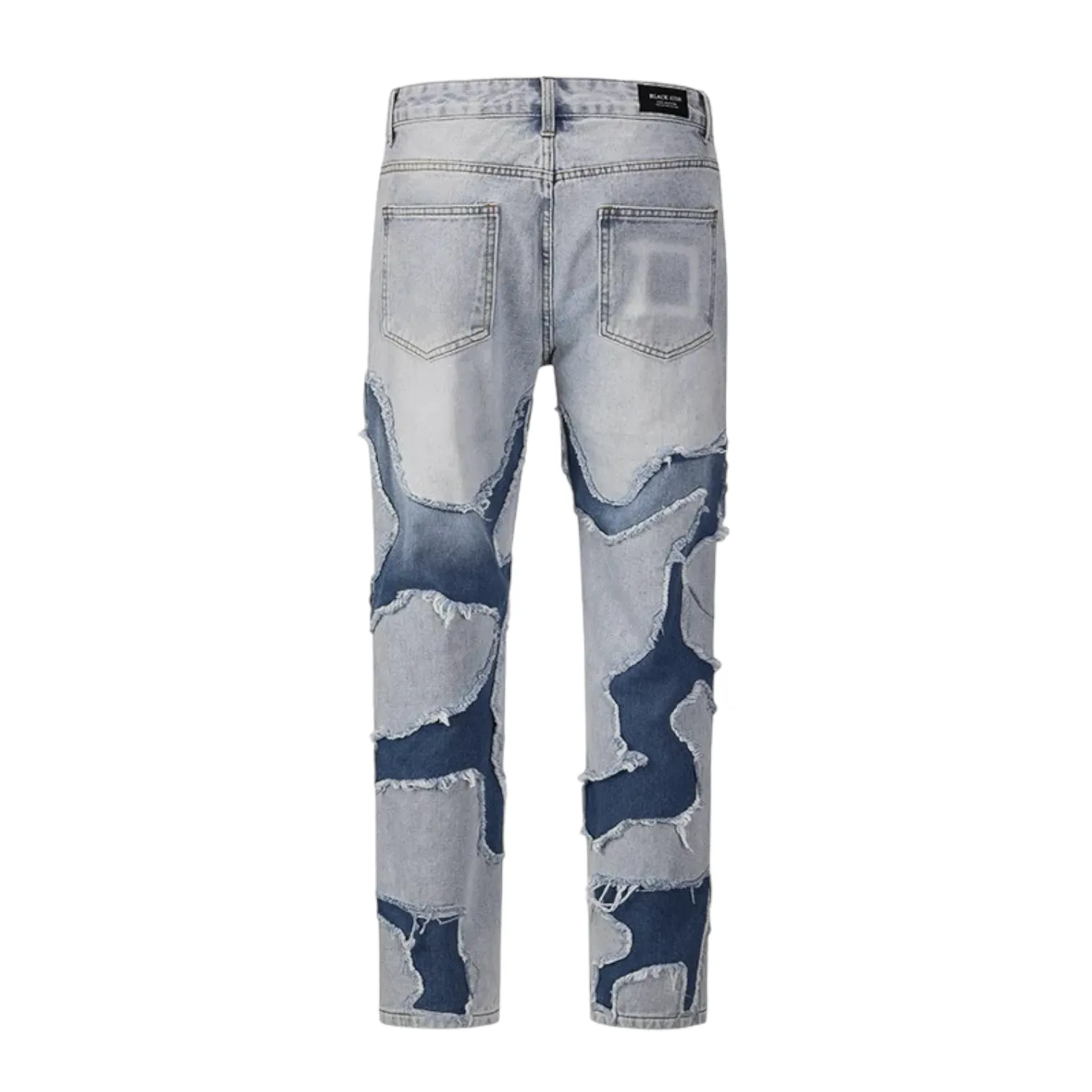 Relaxed fit straight leg patchwork jeans with heavy wash