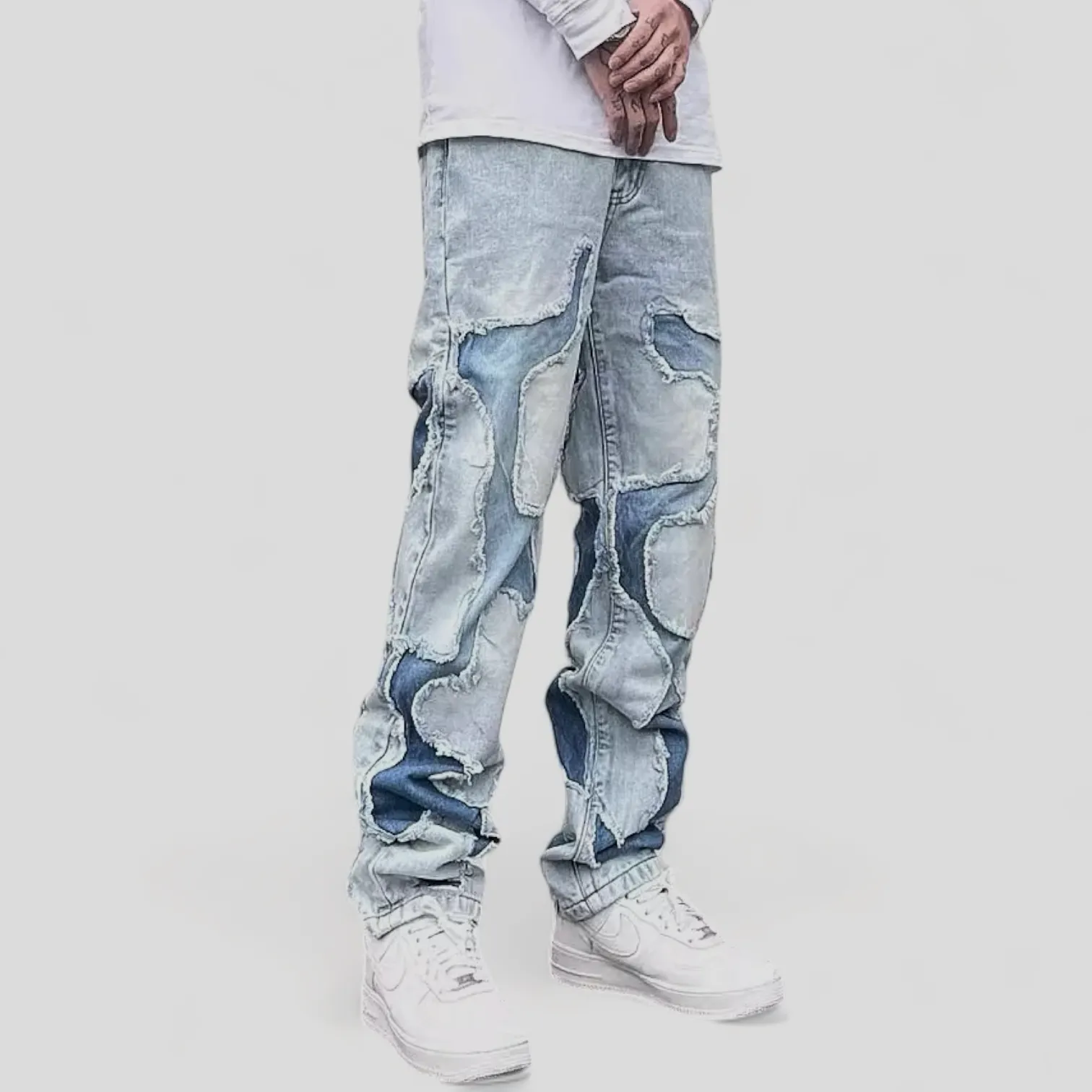 Relaxed fit straight leg patchwork jeans with heavy wash