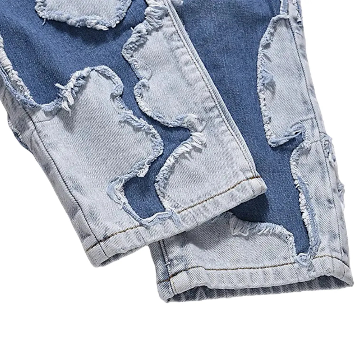 Relaxed fit straight leg patchwork jeans with heavy wash