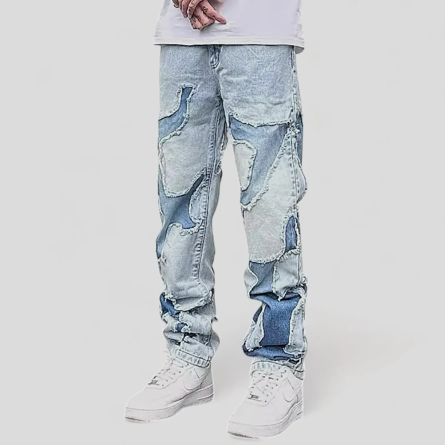 Relaxed fit straight leg patchwork jeans with heavy wash