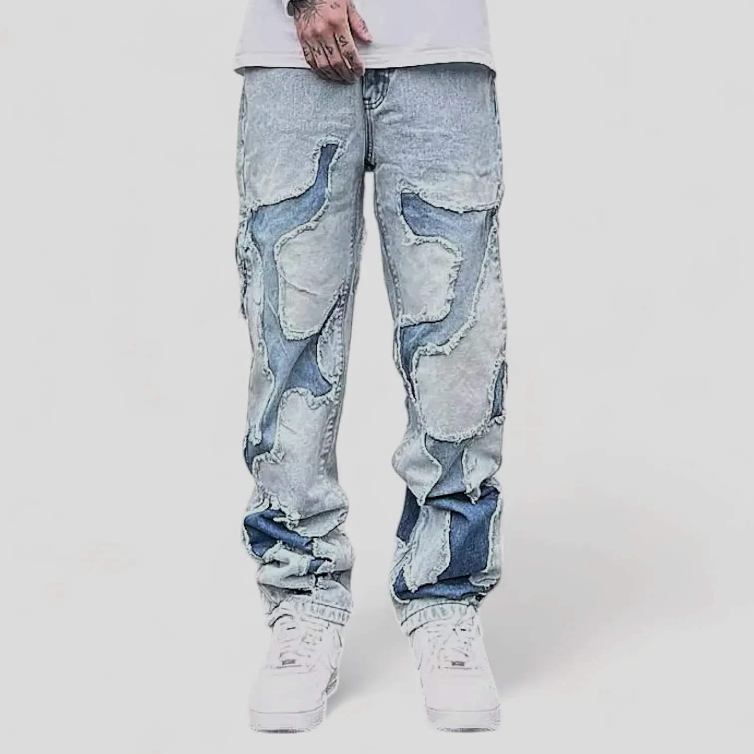 Relaxed fit straight leg patchwork jeans with heavy wash