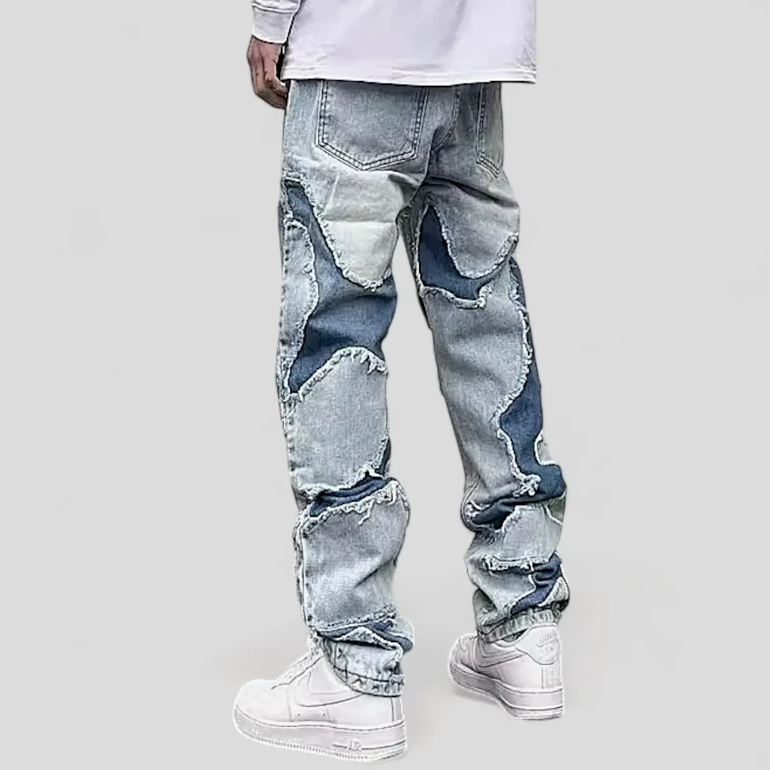 Relaxed fit straight leg patchwork jeans with heavy wash