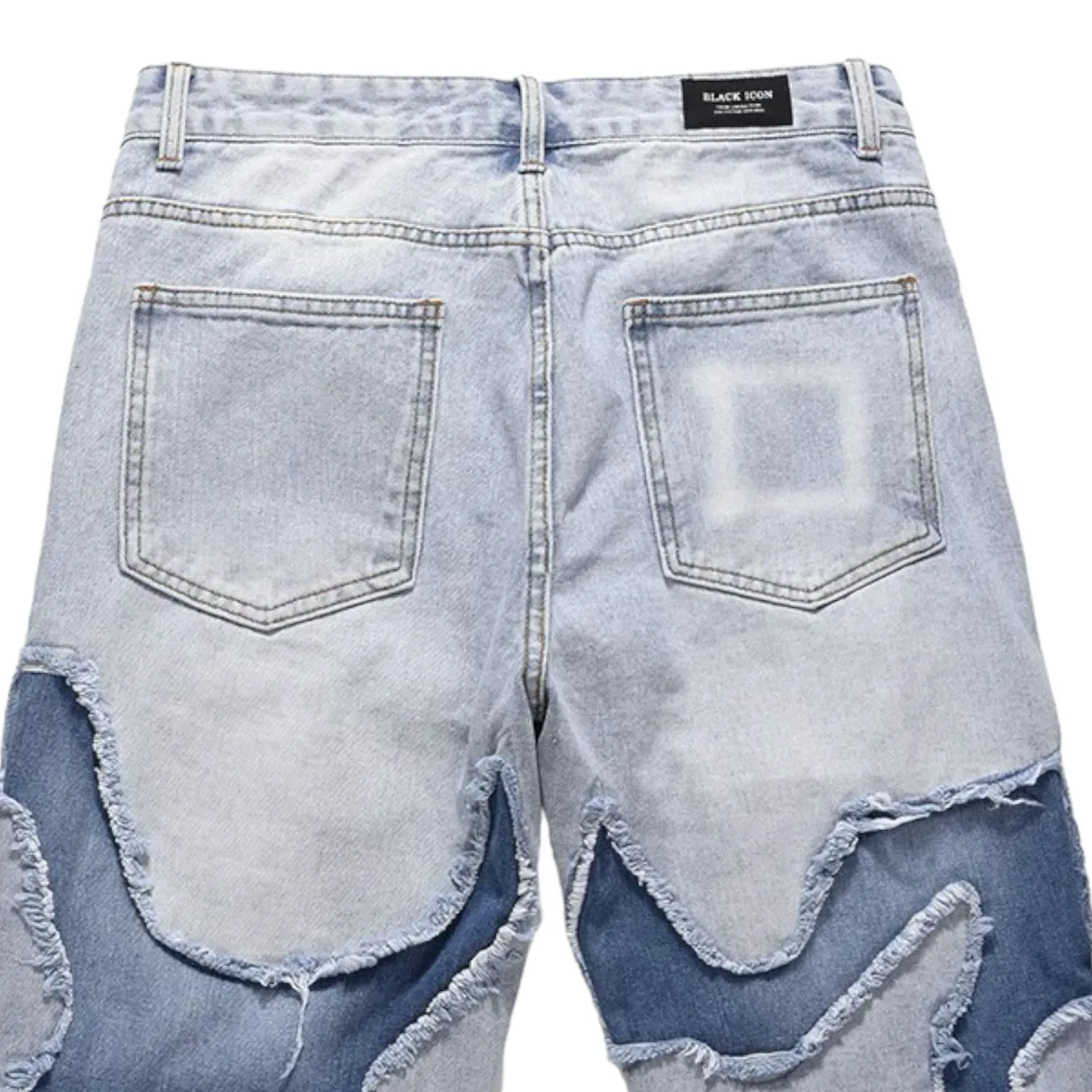 Relaxed fit straight leg patchwork jeans with heavy wash