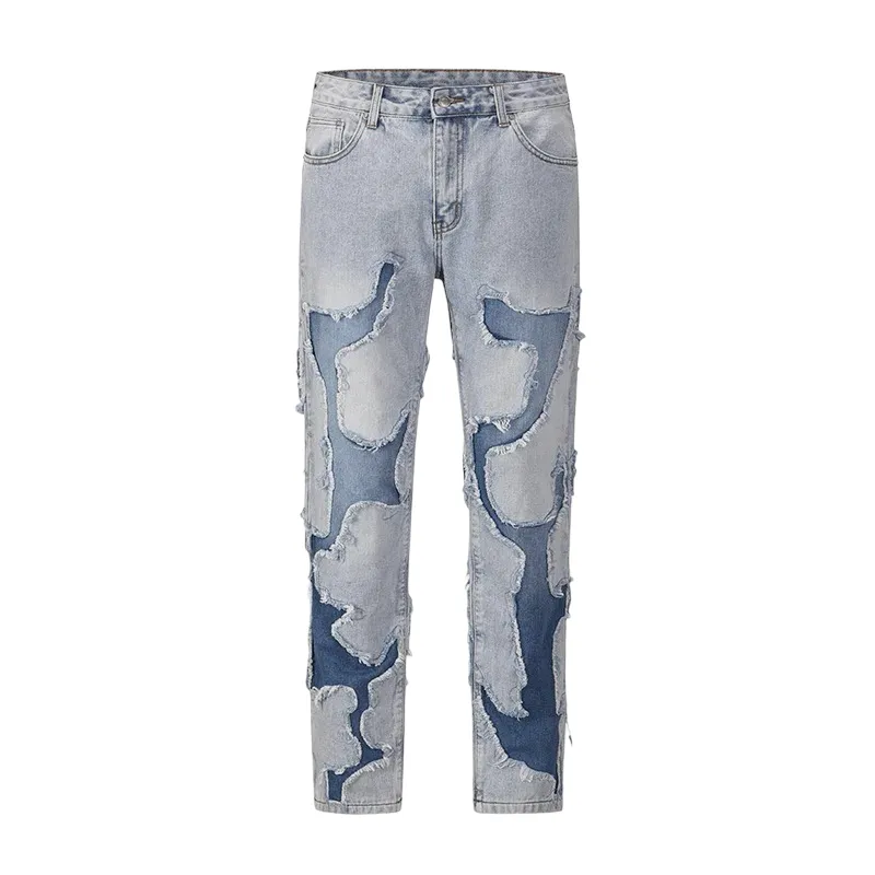 Relaxed fit straight leg patchwork jeans with heavy wash