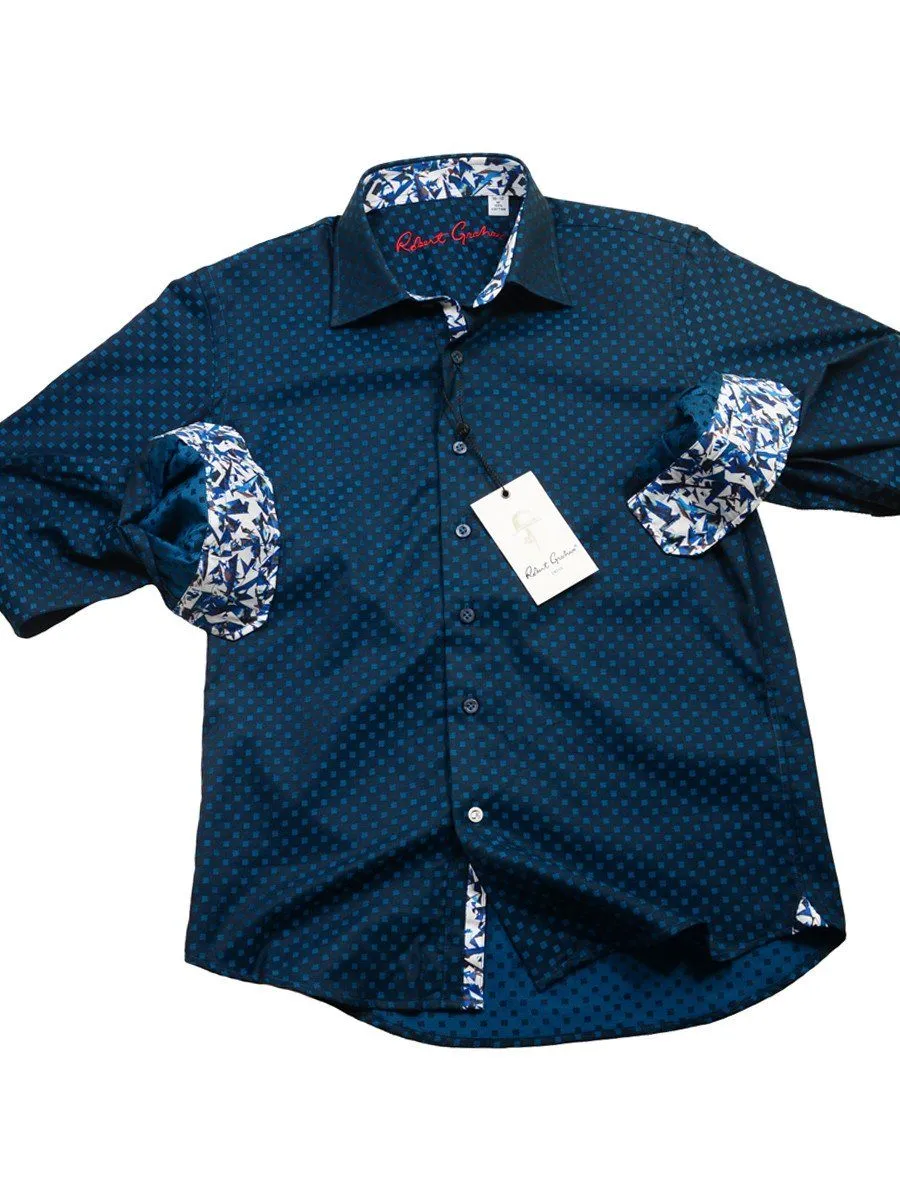 Robert Graham 20532 100% Cotton Boy's Sport Shirt - Fancy Diamond Box Dot - Modified Spread Collar, Emerald