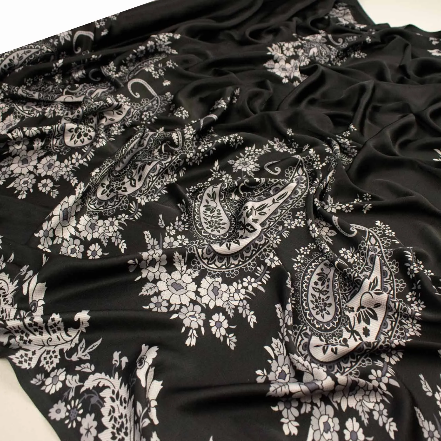 Silver Paisley Border Prints Satin & chiffon