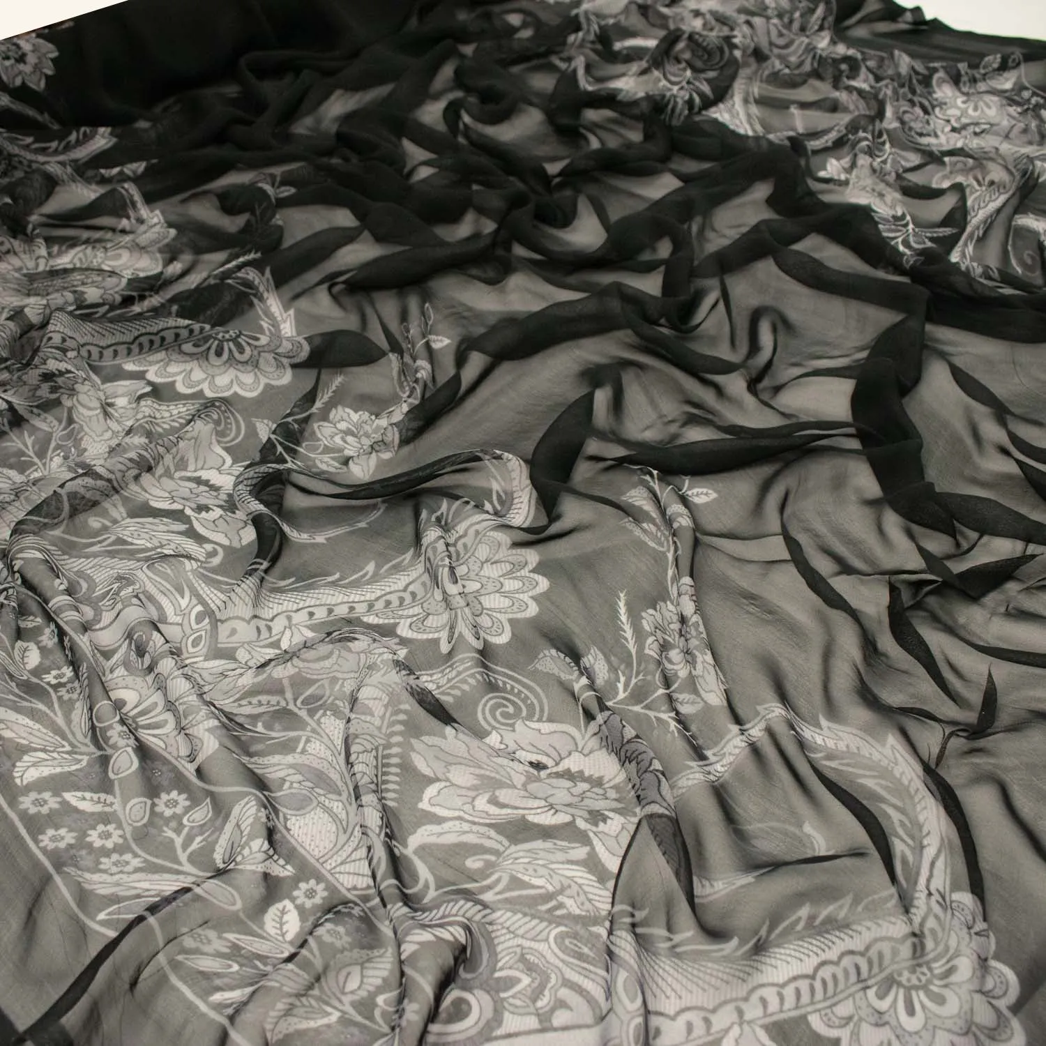 Silver Paisley Border Prints Satin & chiffon