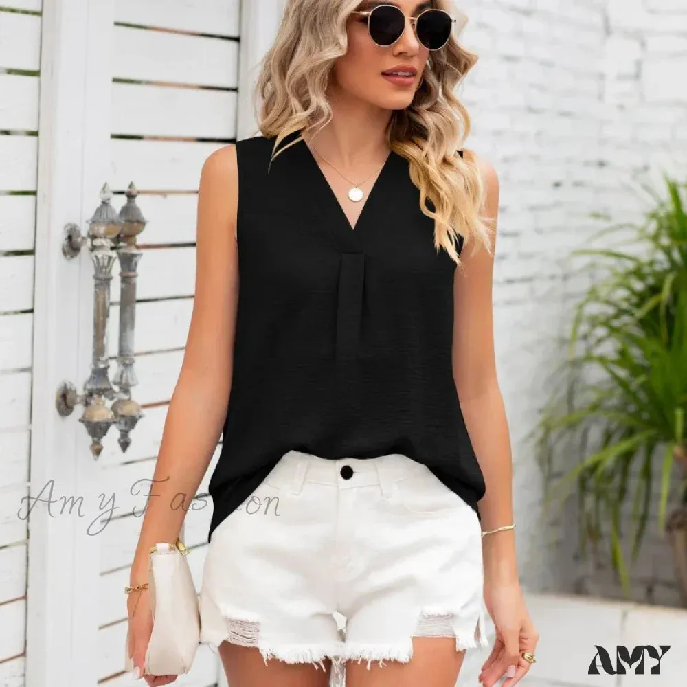 Solid Casual Loose Sleeveless Elegant Female Summer Tops Blouses