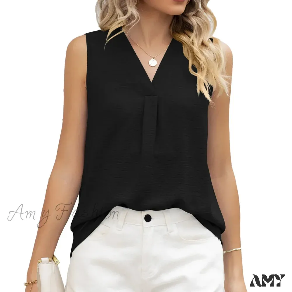 Solid Casual Loose Sleeveless Elegant Female Summer Tops Blouses