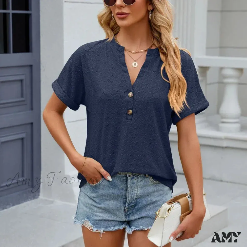 Solid Color Loose Fashion Summer Elegant Luxury V-Neck Female Top Blouses