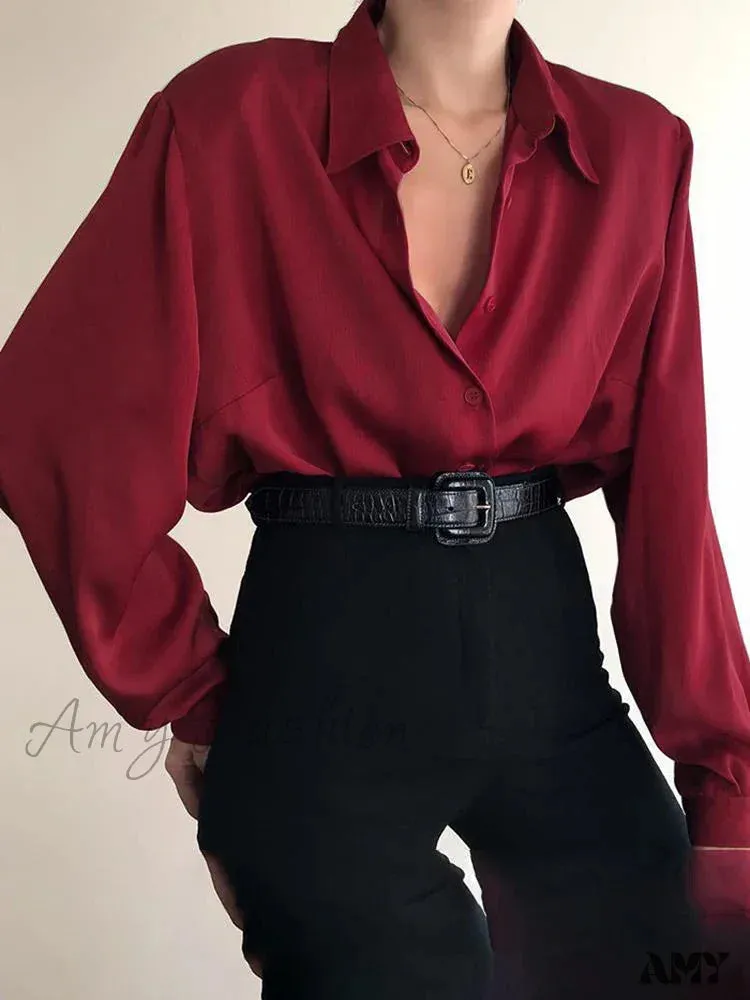 Spring Satin Red Lantern Sleeve V-neck Elegant Blouse