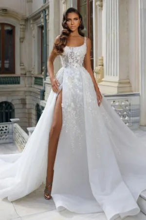 Square Neck High Split A-Line Stain Sleeveless Wedding Dress with Appliques