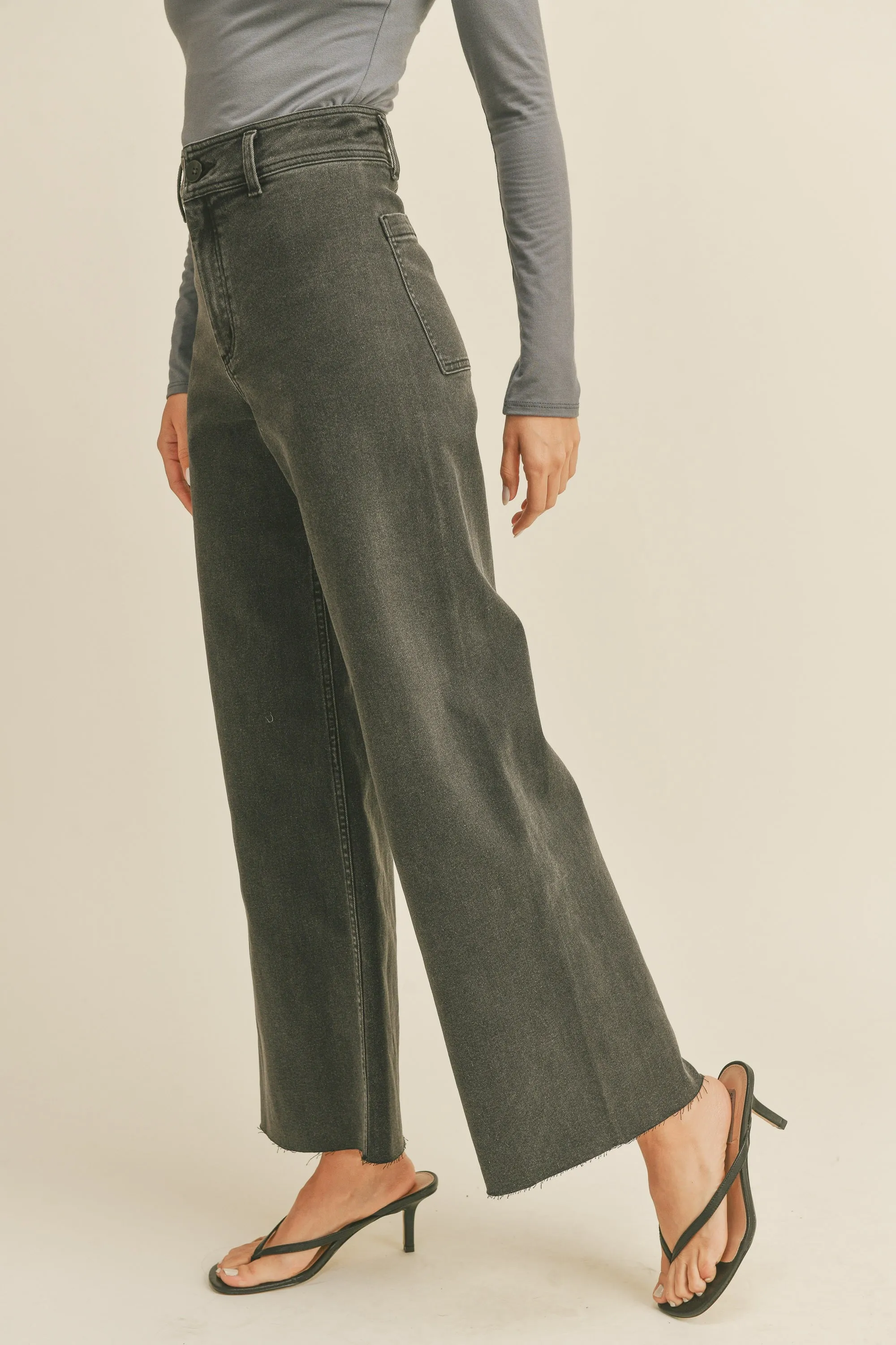 Straight Wide Leg Denim Pants in Washed Black