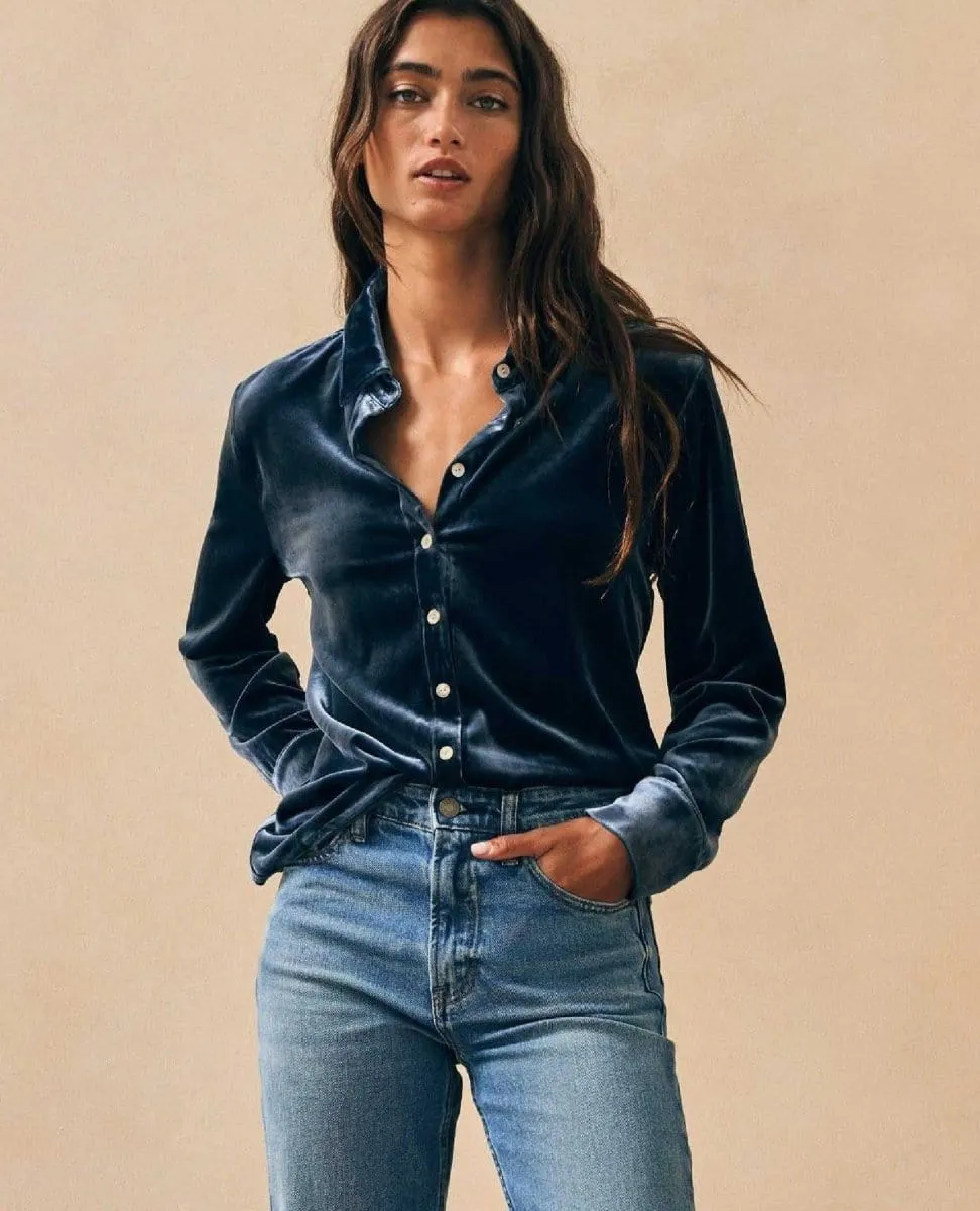 Stretch Silk Velvet Genevieve Shirt Navy