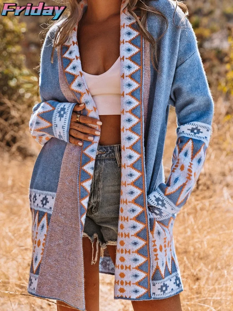 Summer Bohemian Blue Printed Knitted Cardigan Women Winter Loose Mid-length Ethnic Pattern Knitted Cardigan Fall Sweaters Female