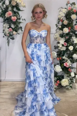 Tien | Blue Floral Printed Sweetheart Chiffon Tiered A-Line Long Corset Prom Dress