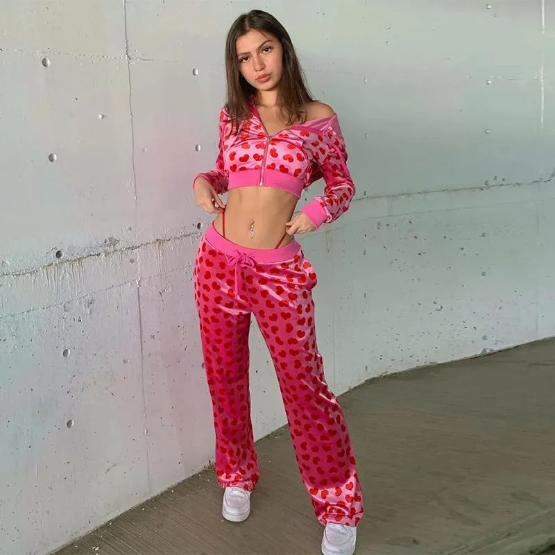 Trendy Heart Print Velvet Tracksuit with Flared Pants