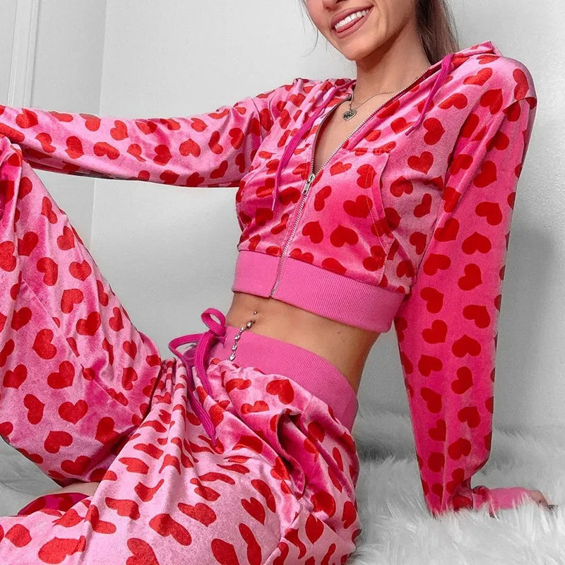 Trendy Heart Print Velvet Tracksuit with Flared Pants