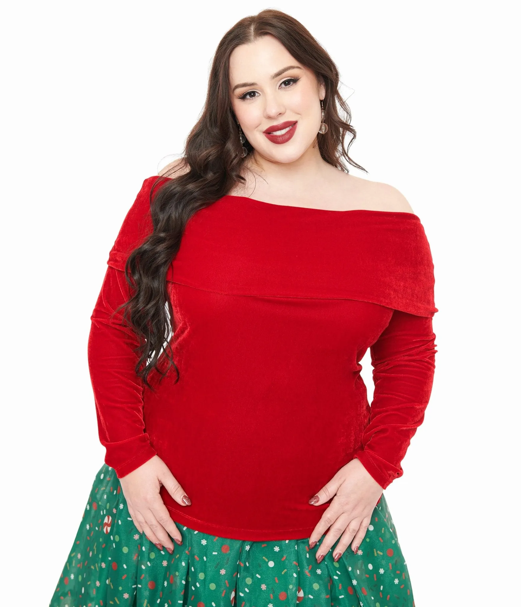 Unique Vintage Plus Size 1960s Red Velvet Folded Shoulder Knit Top