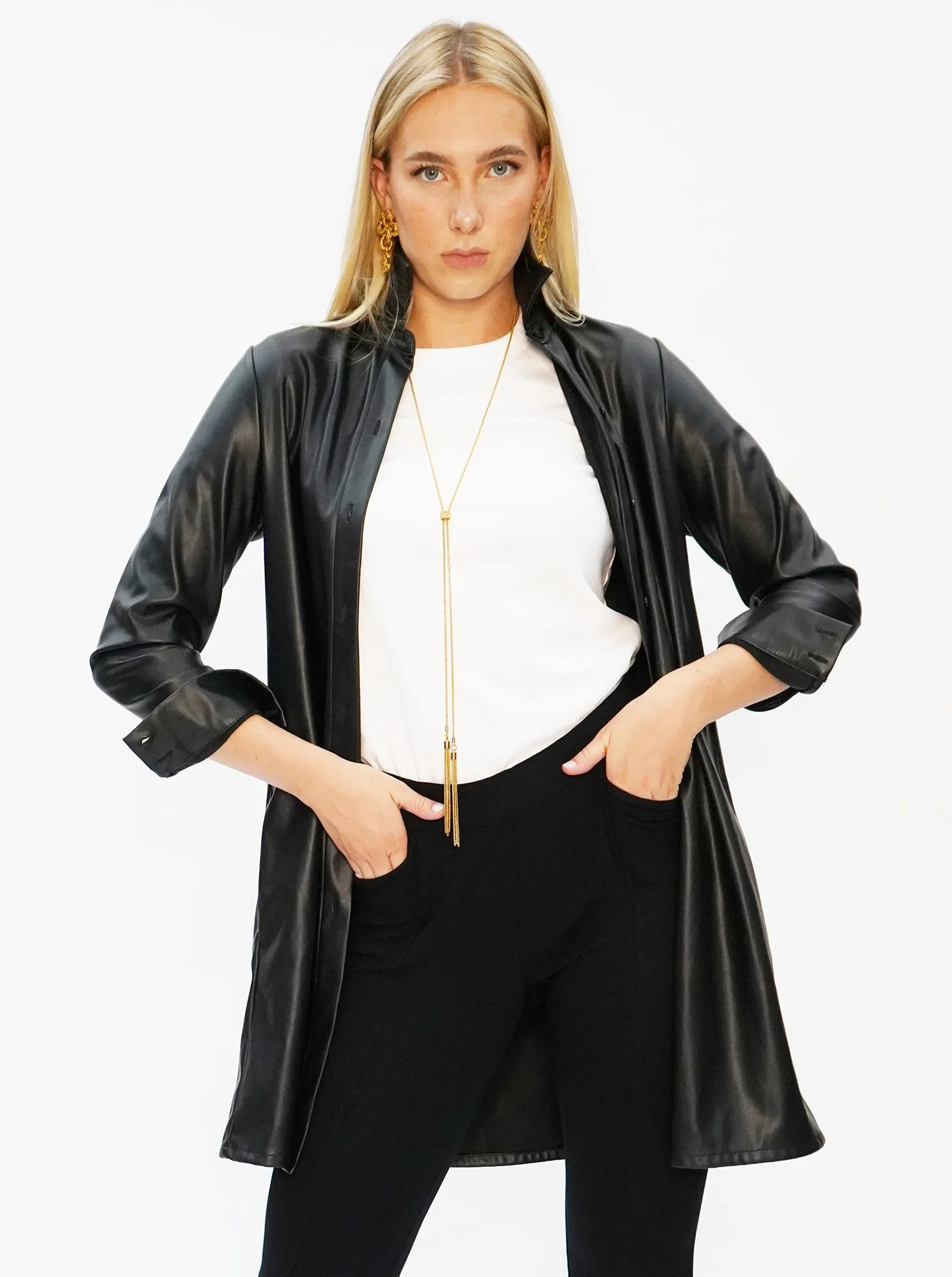 Vegan Leather Long Button Up Shirt Dress - The Lafayette