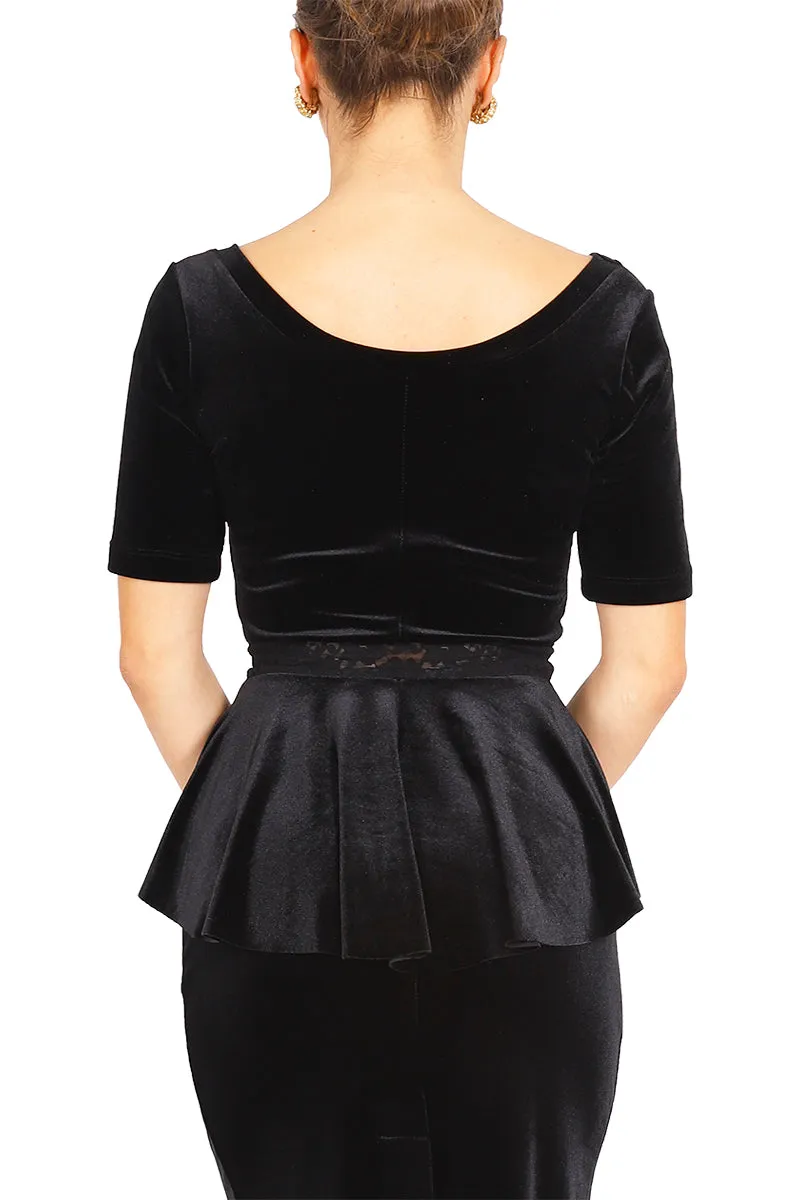 Velvet Peplum Top with Lace Waist