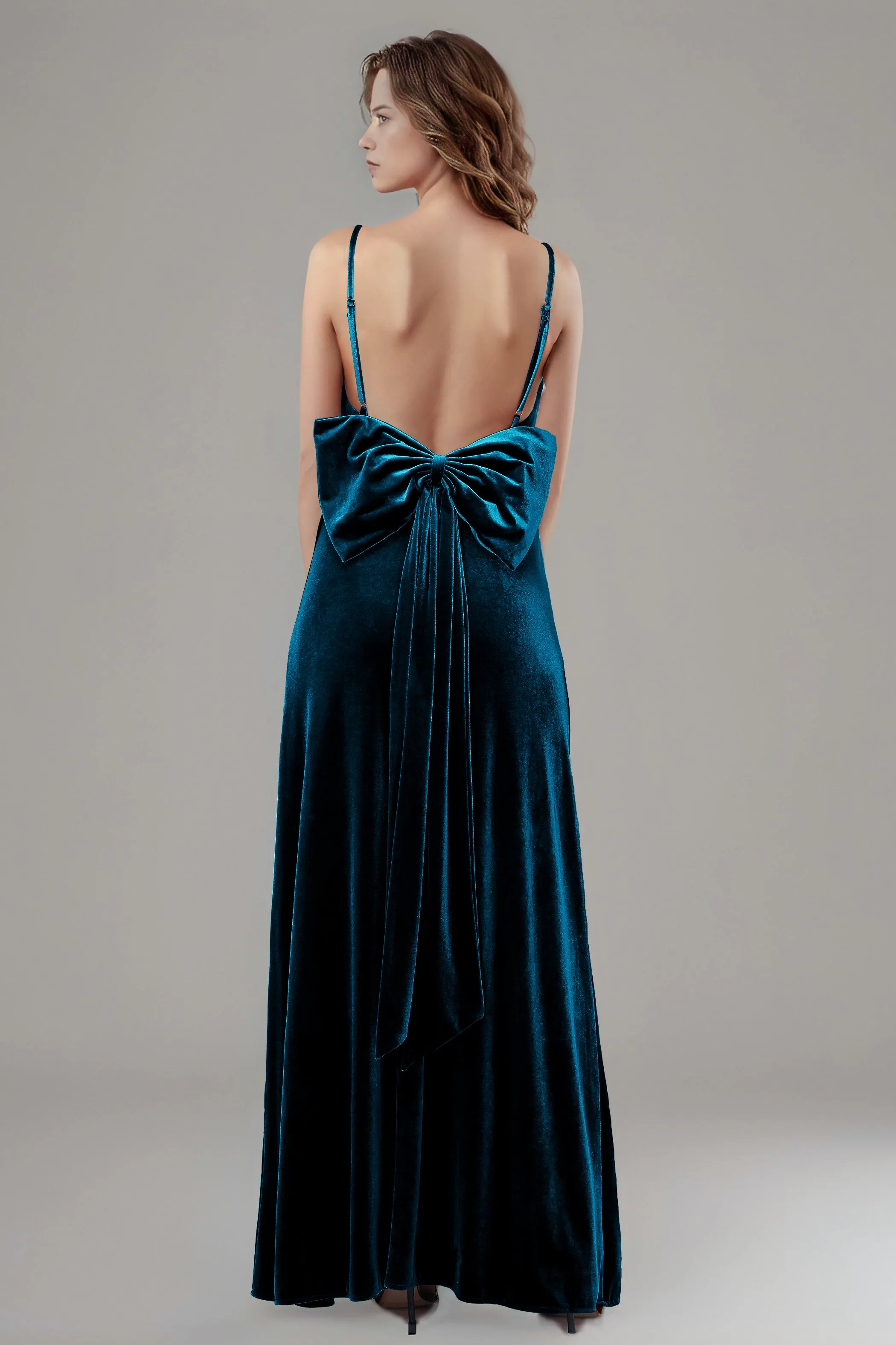 Velvet Spaghetti Straps Backless Bridesmaid Dresses with Bowknot