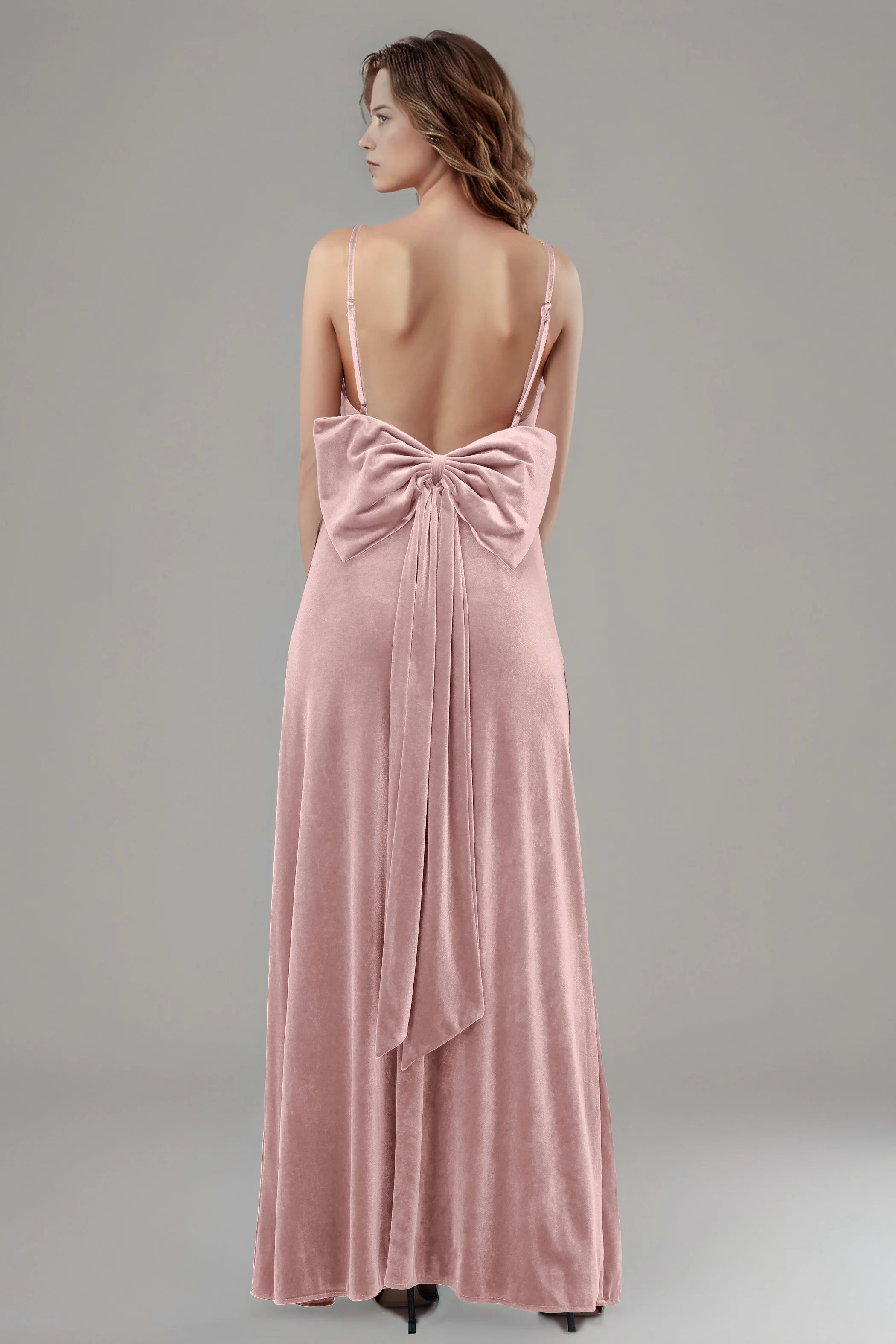 Velvet Spaghetti Straps Backless Bridesmaid Dresses with Bowknot