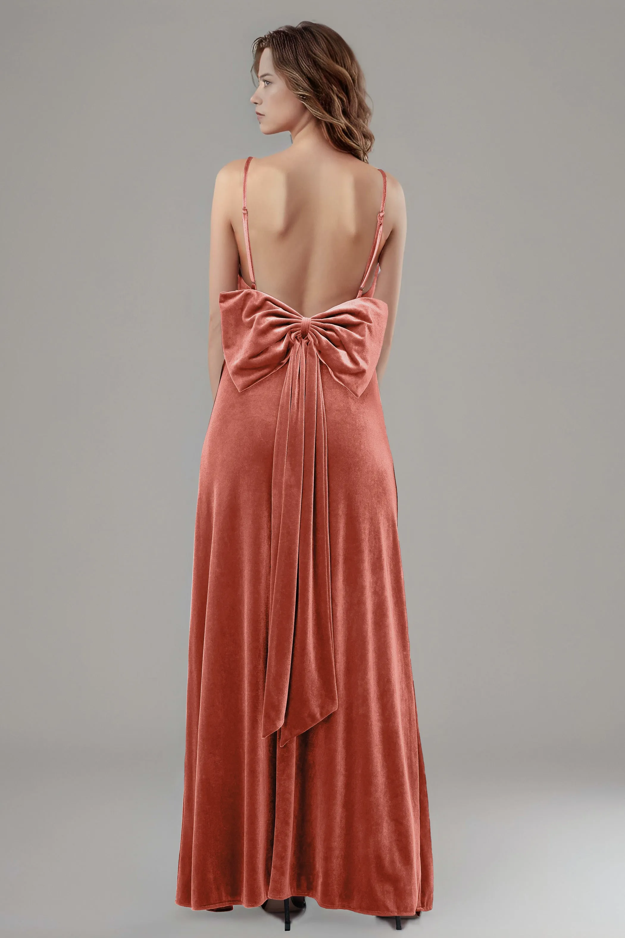 Velvet Spaghetti Straps Backless Bridesmaid Dresses with Bowknot