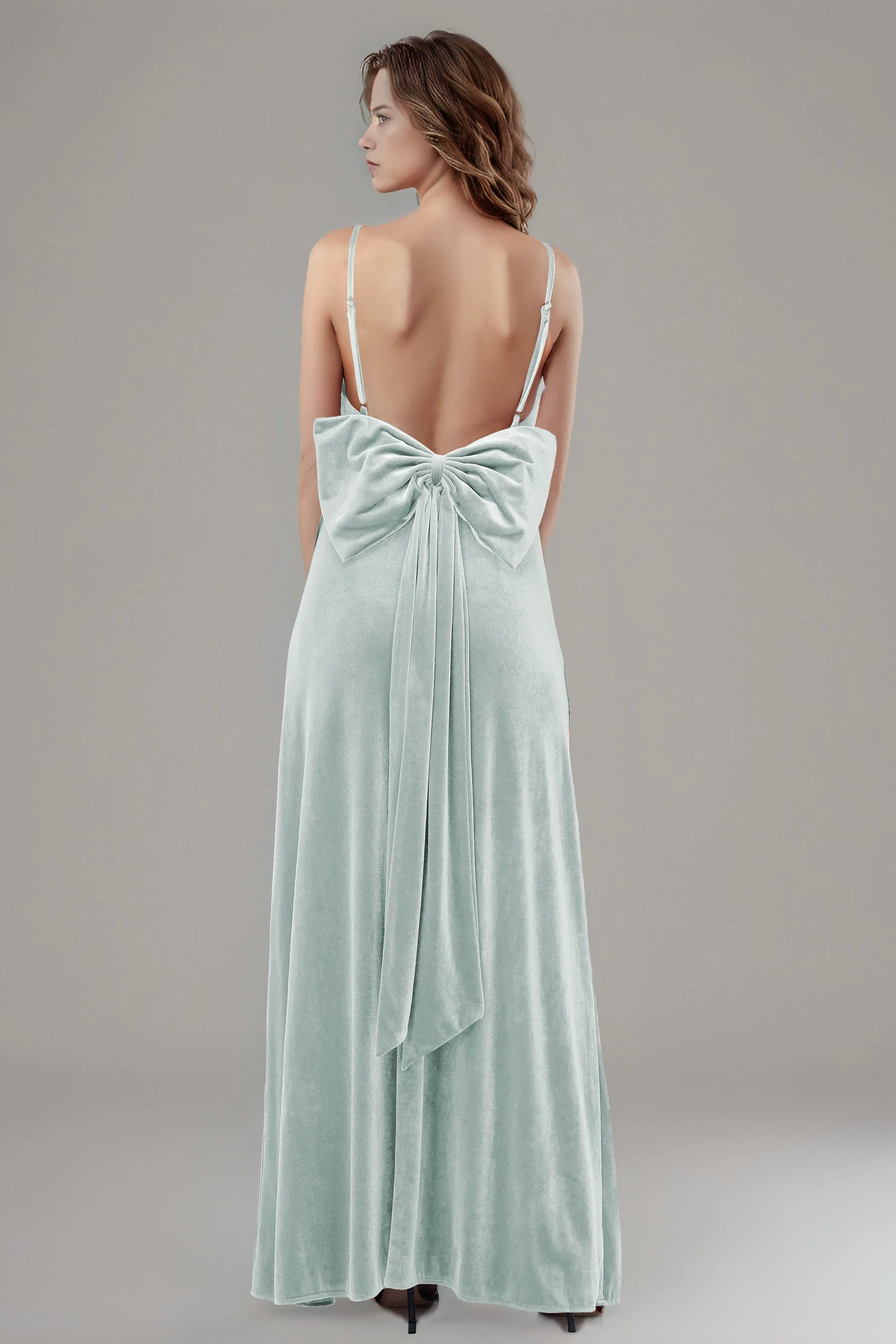 Velvet Spaghetti Straps Backless Bridesmaid Dresses with Bowknot