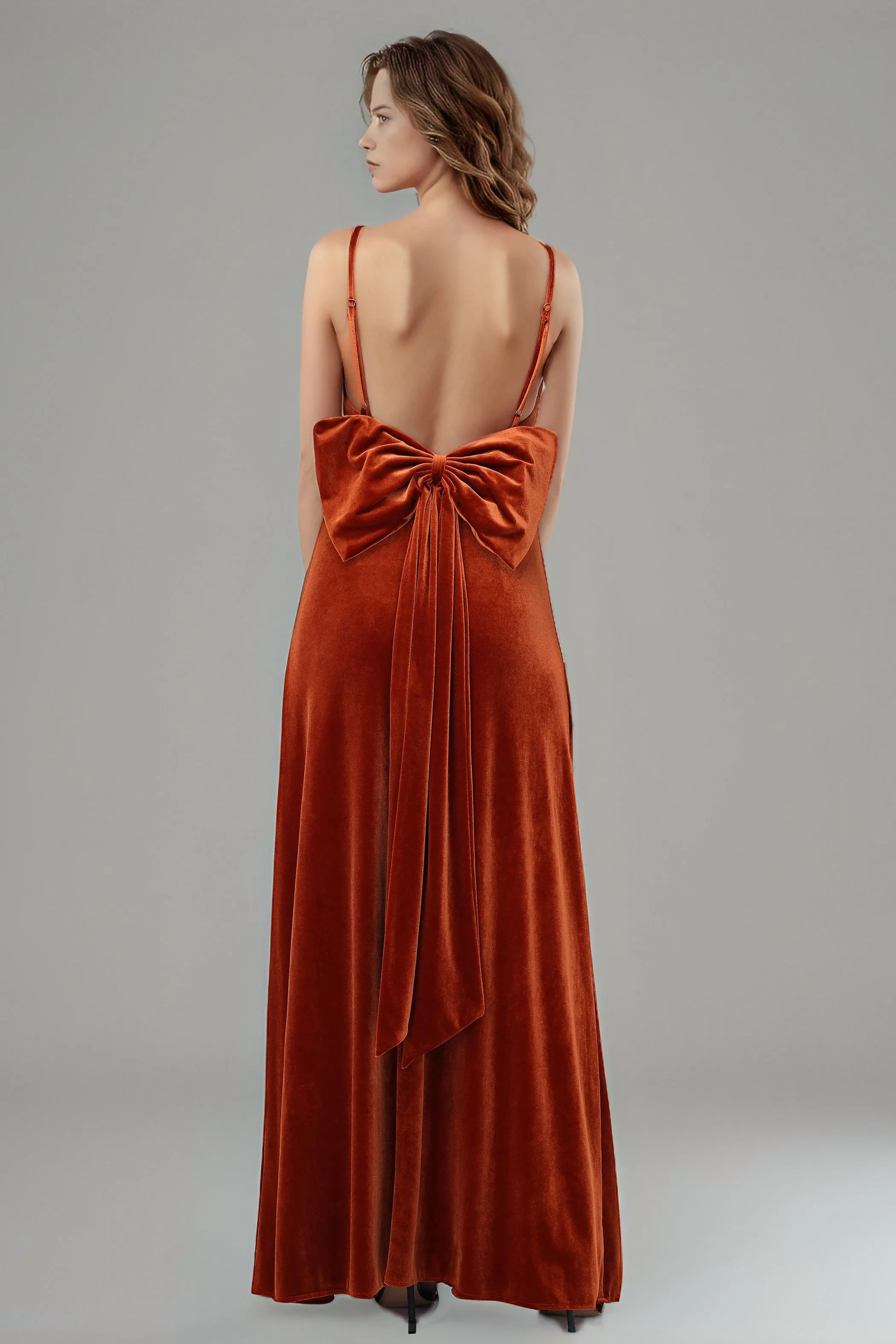 Velvet Spaghetti Straps Backless Bridesmaid Dresses with Bowknot