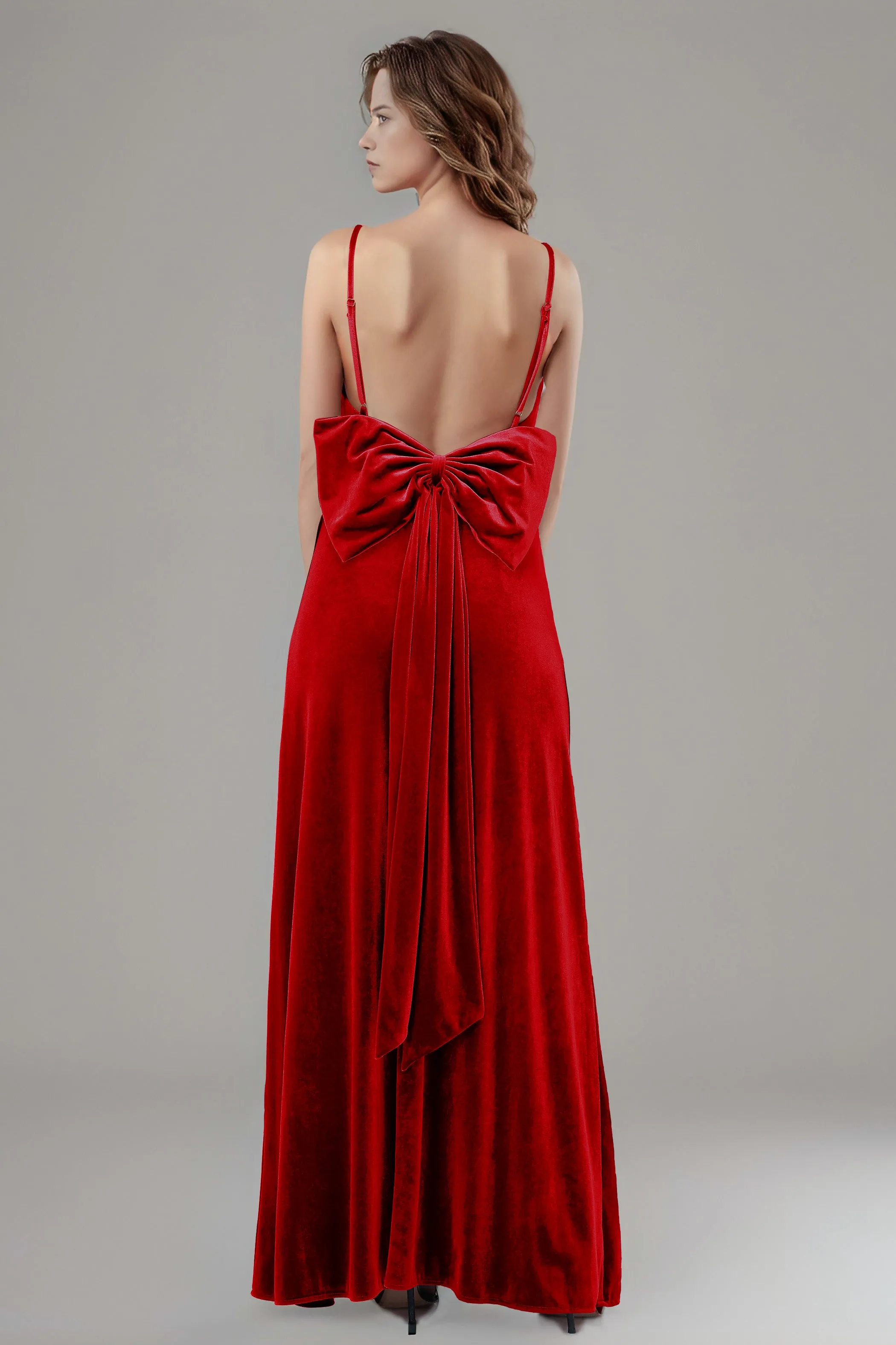 Velvet Spaghetti Straps Backless Bridesmaid Dresses with Bowknot