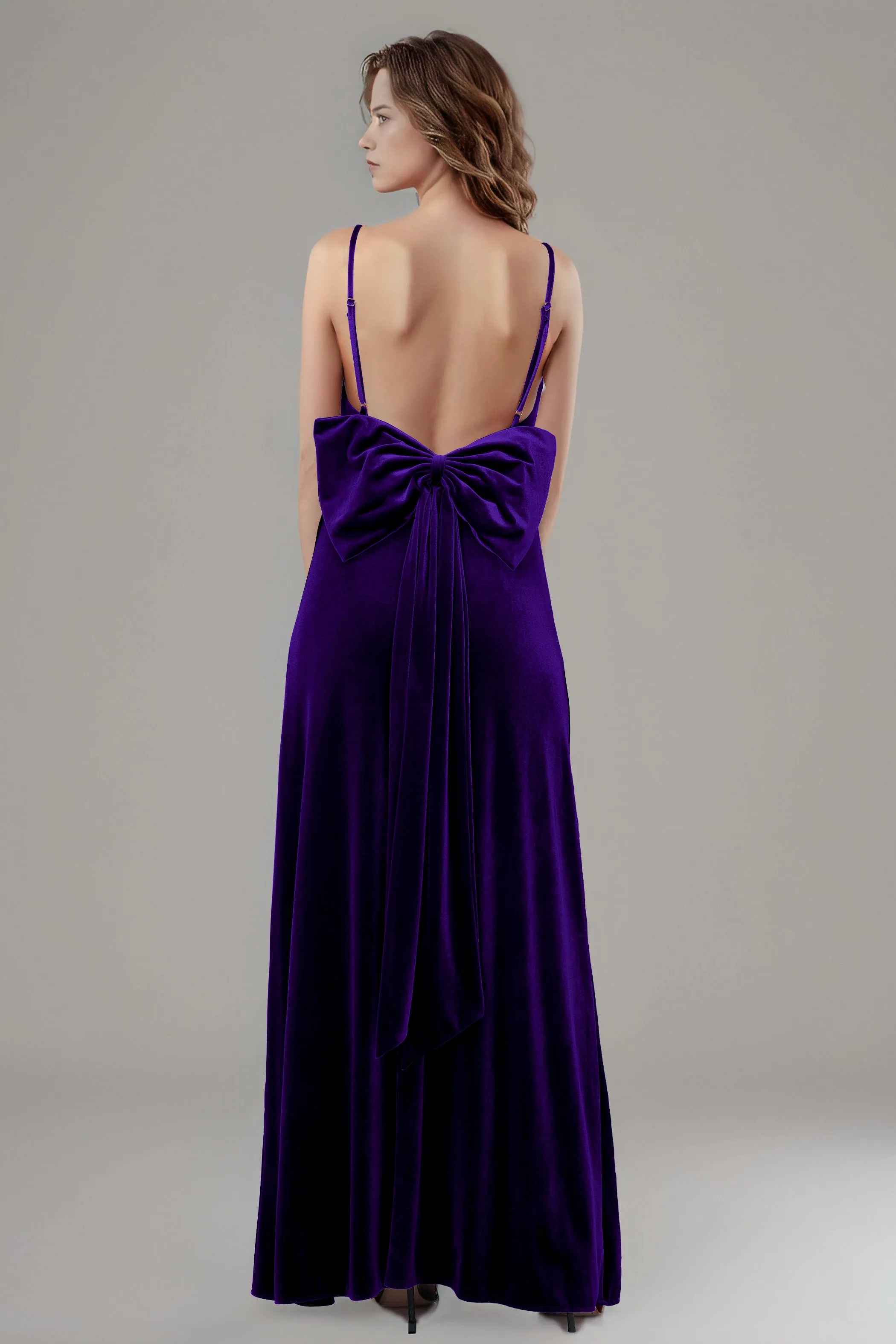 Velvet Spaghetti Straps Backless Bridesmaid Dresses with Bowknot