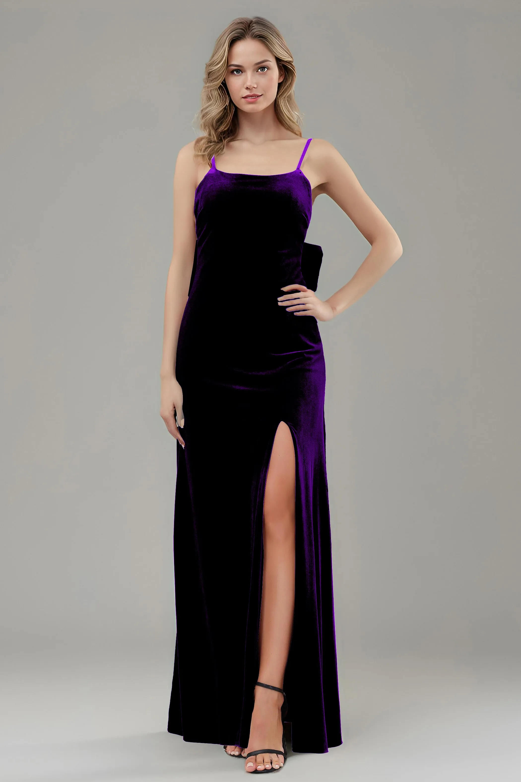 Velvet Spaghetti Straps Backless Bridesmaid Dresses with Bowknot