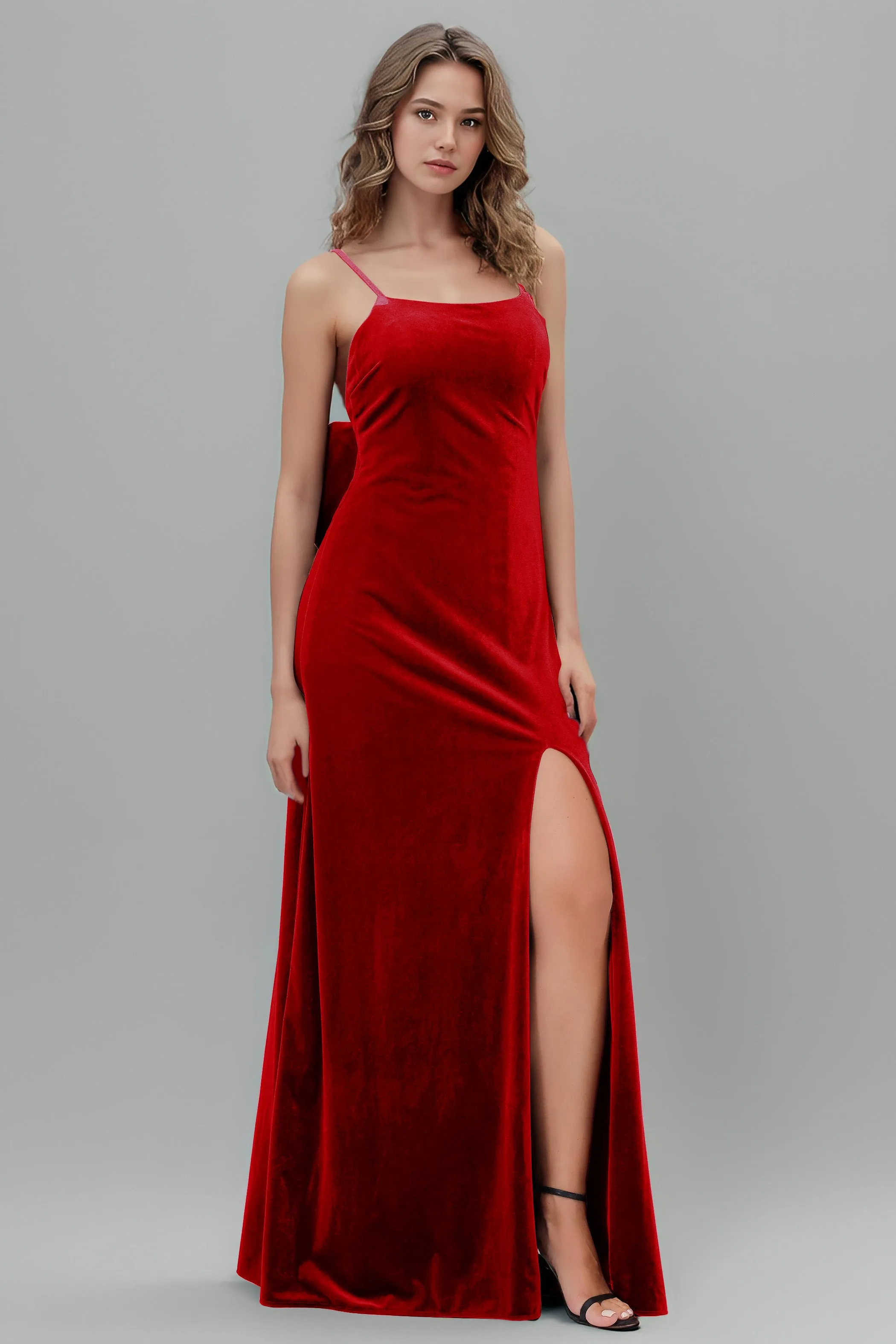 Velvet Spaghetti Straps Backless Bridesmaid Dresses with Bowknot