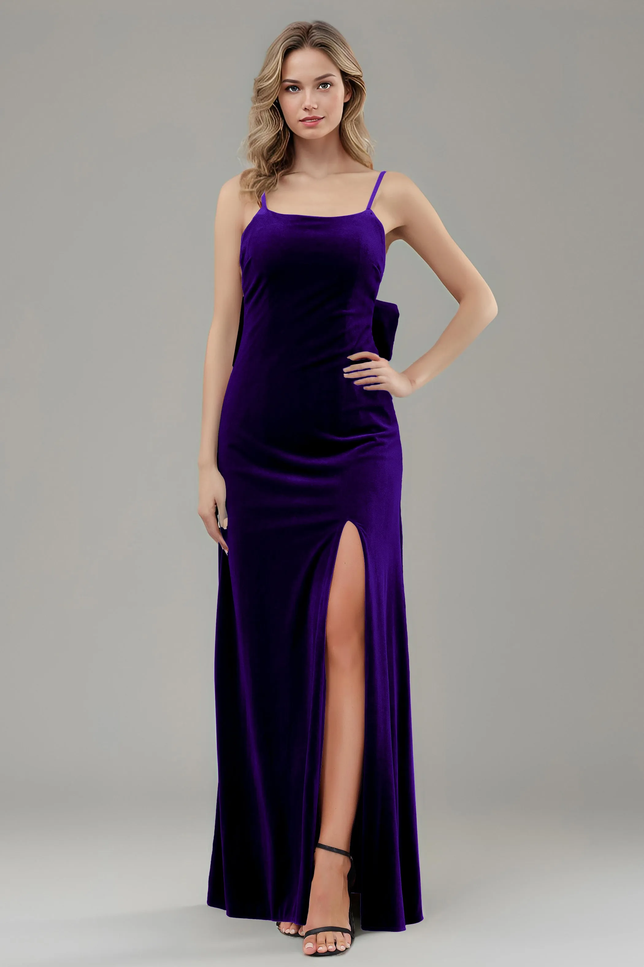 Velvet Spaghetti Straps Backless Bridesmaid Dresses with Bowknot