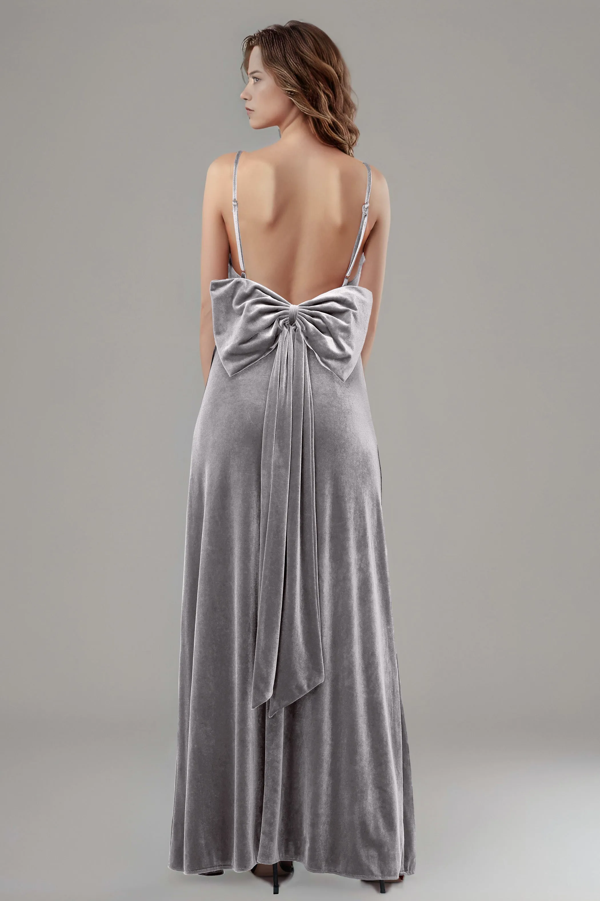 Velvet Spaghetti Straps Backless Bridesmaid Dresses with Bowknot