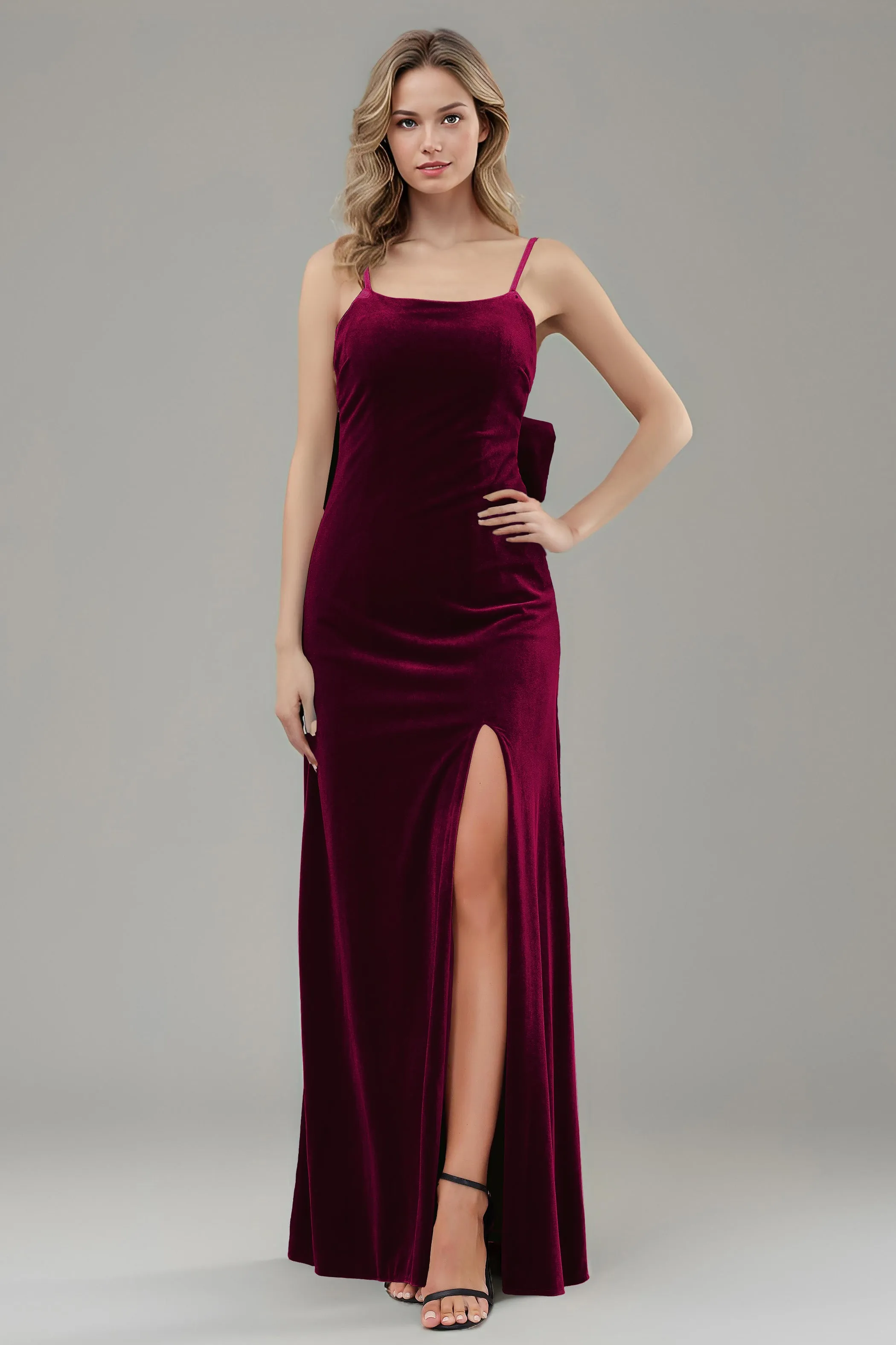 Velvet Spaghetti Straps Backless Bridesmaid Dresses with Bowknot