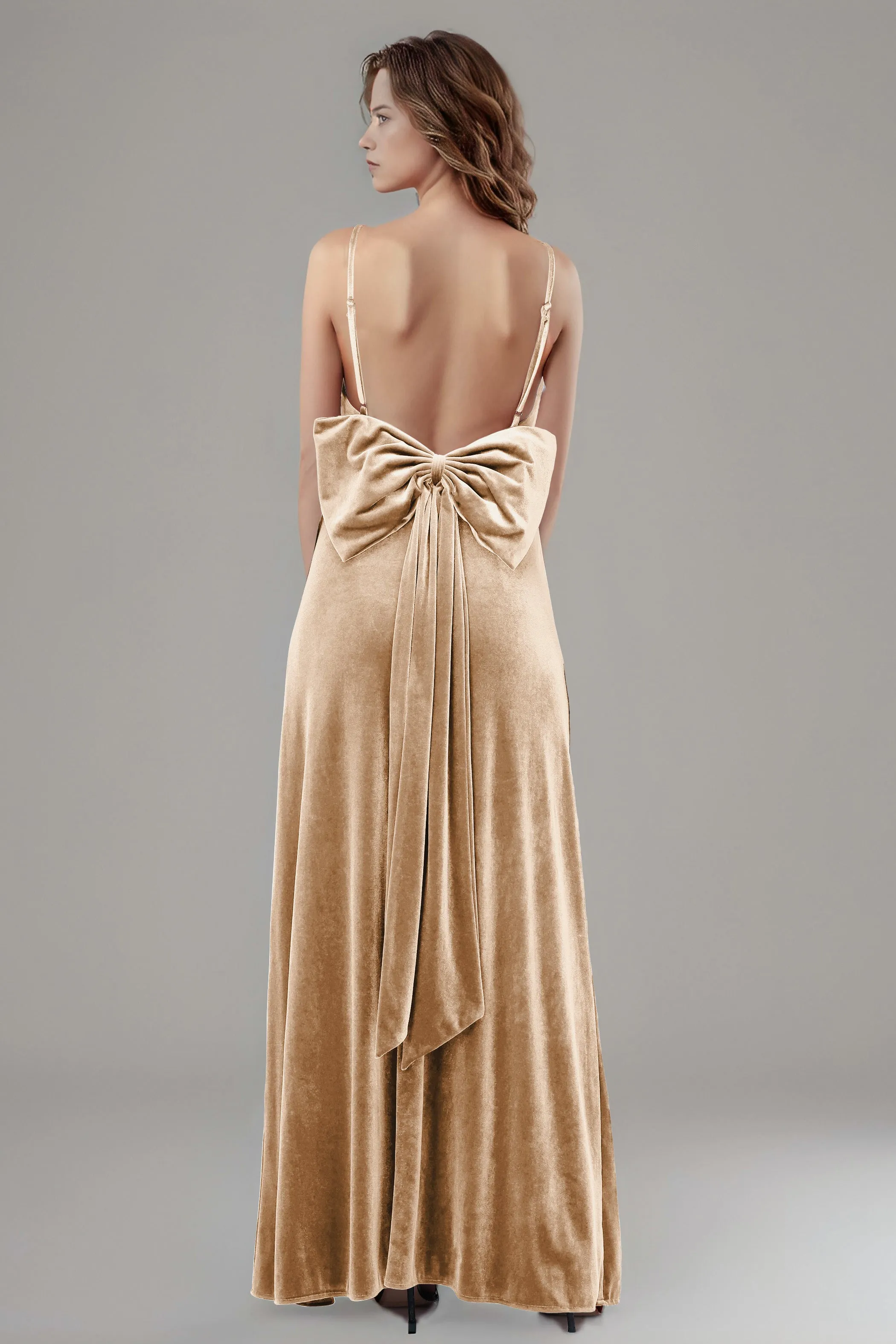 Velvet Spaghetti Straps Backless Bridesmaid Dresses with Bowknot