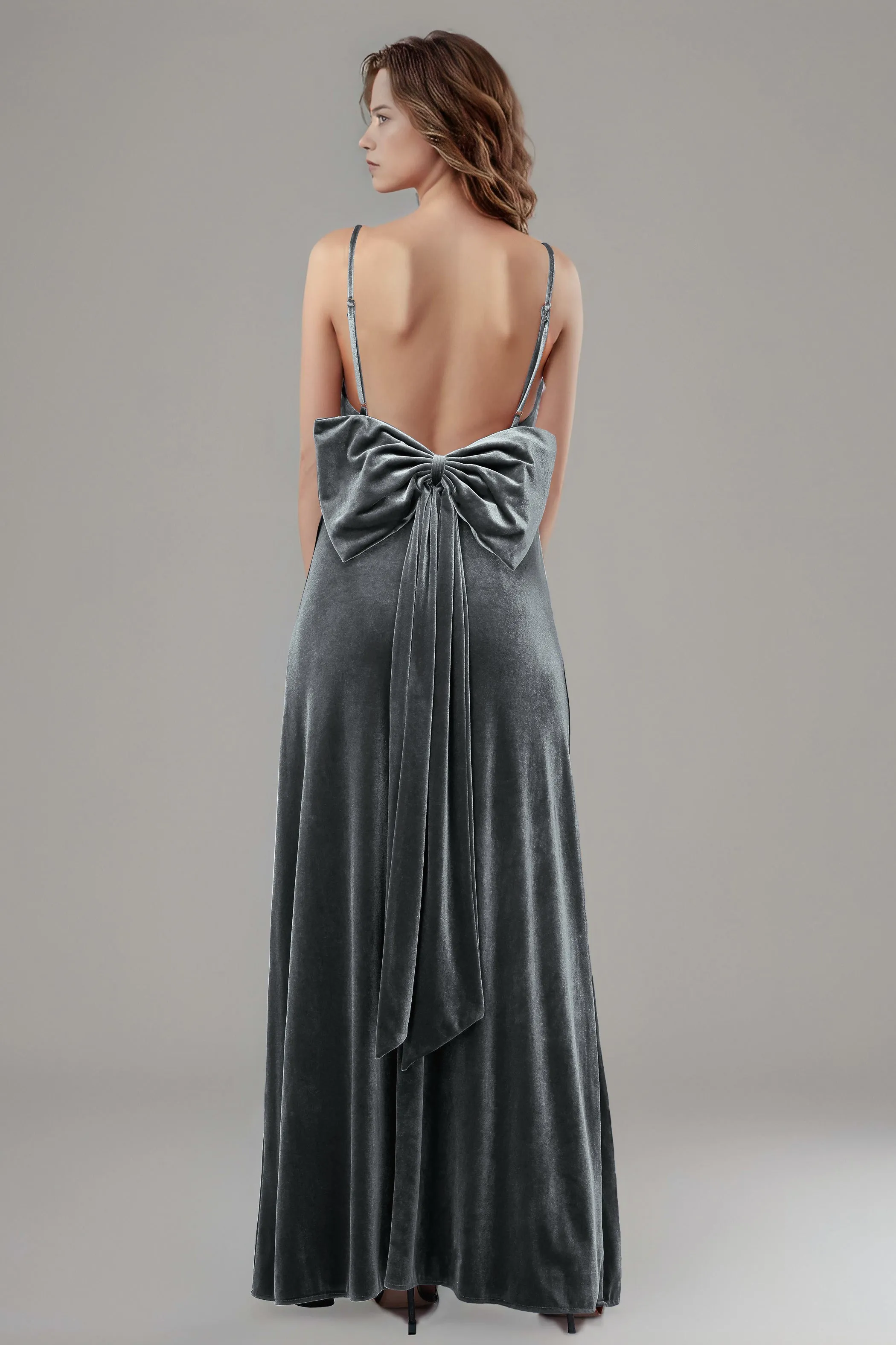 Velvet Spaghetti Straps Backless Bridesmaid Dresses with Bowknot