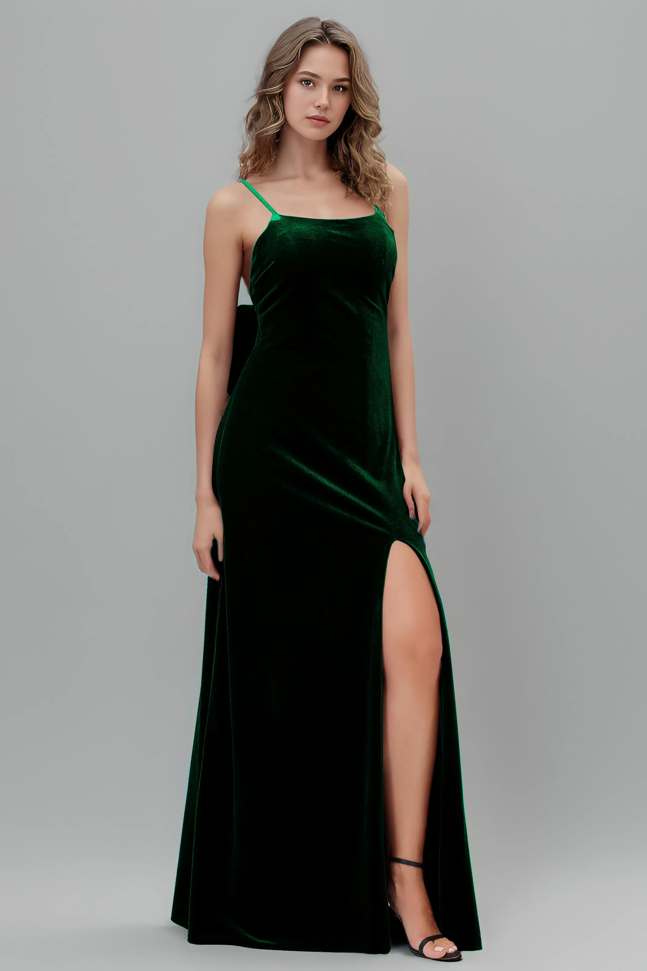 Velvet Spaghetti Straps Backless Bridesmaid Dresses with Bowknot