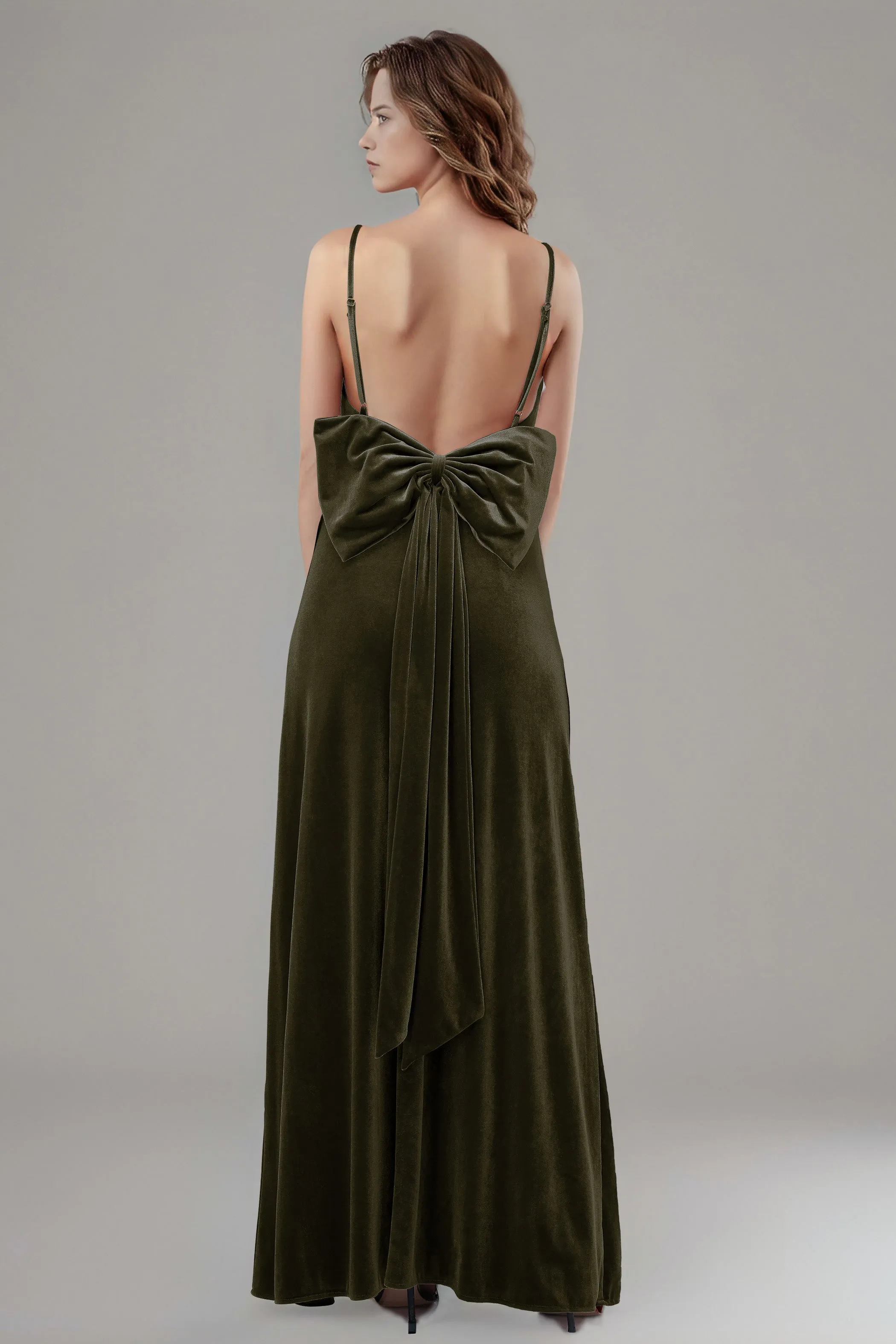 Velvet Spaghetti Straps Backless Bridesmaid Dresses with Bowknot