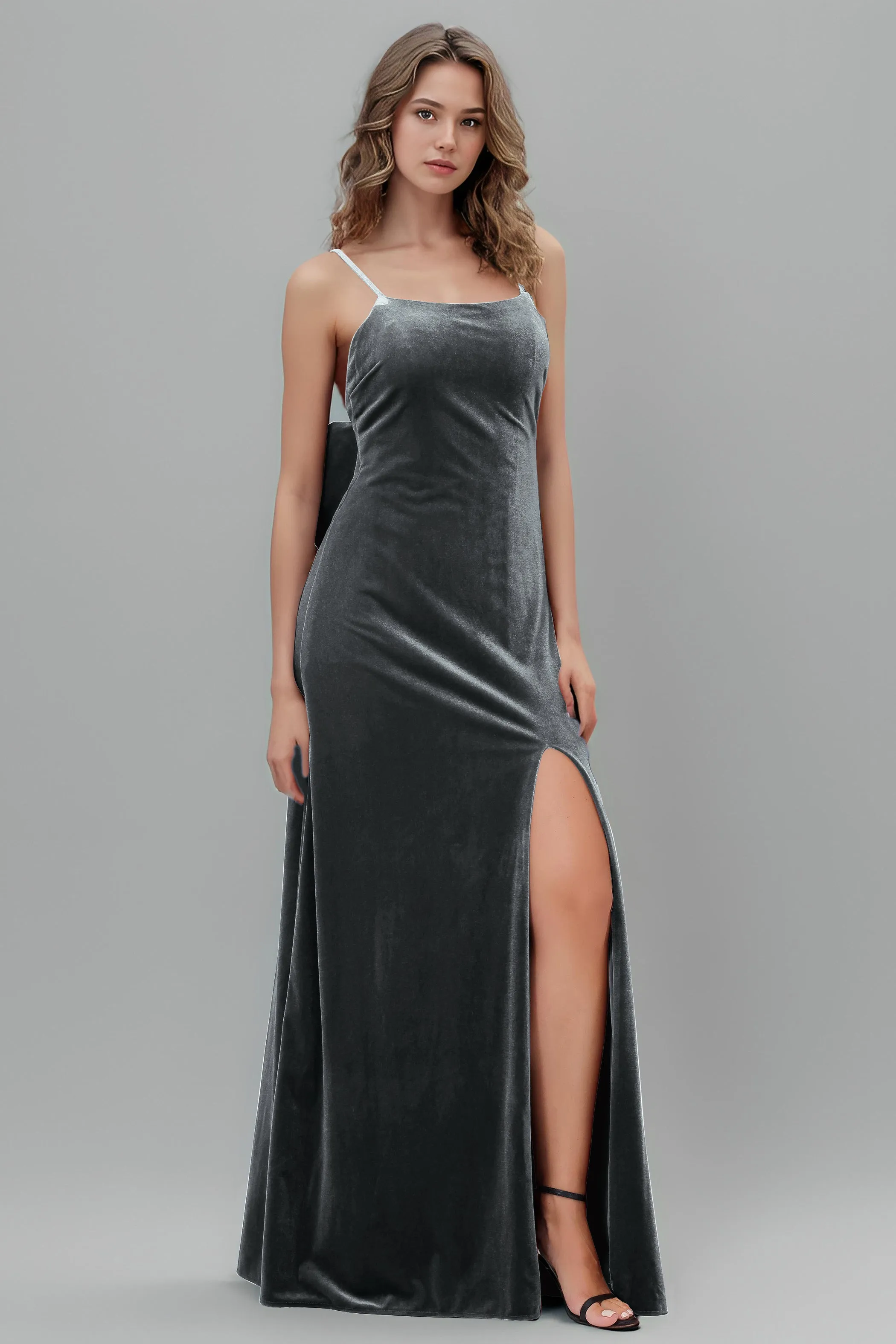 Velvet Spaghetti Straps Backless Bridesmaid Dresses with Bowknot