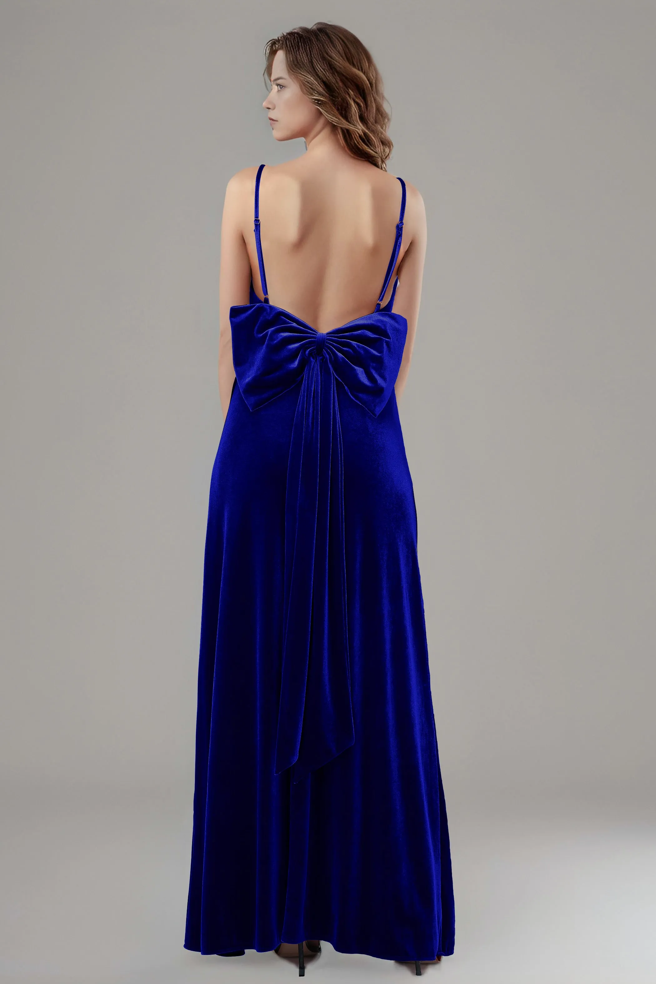 Velvet Spaghetti Straps Backless Bridesmaid Dresses with Bowknot