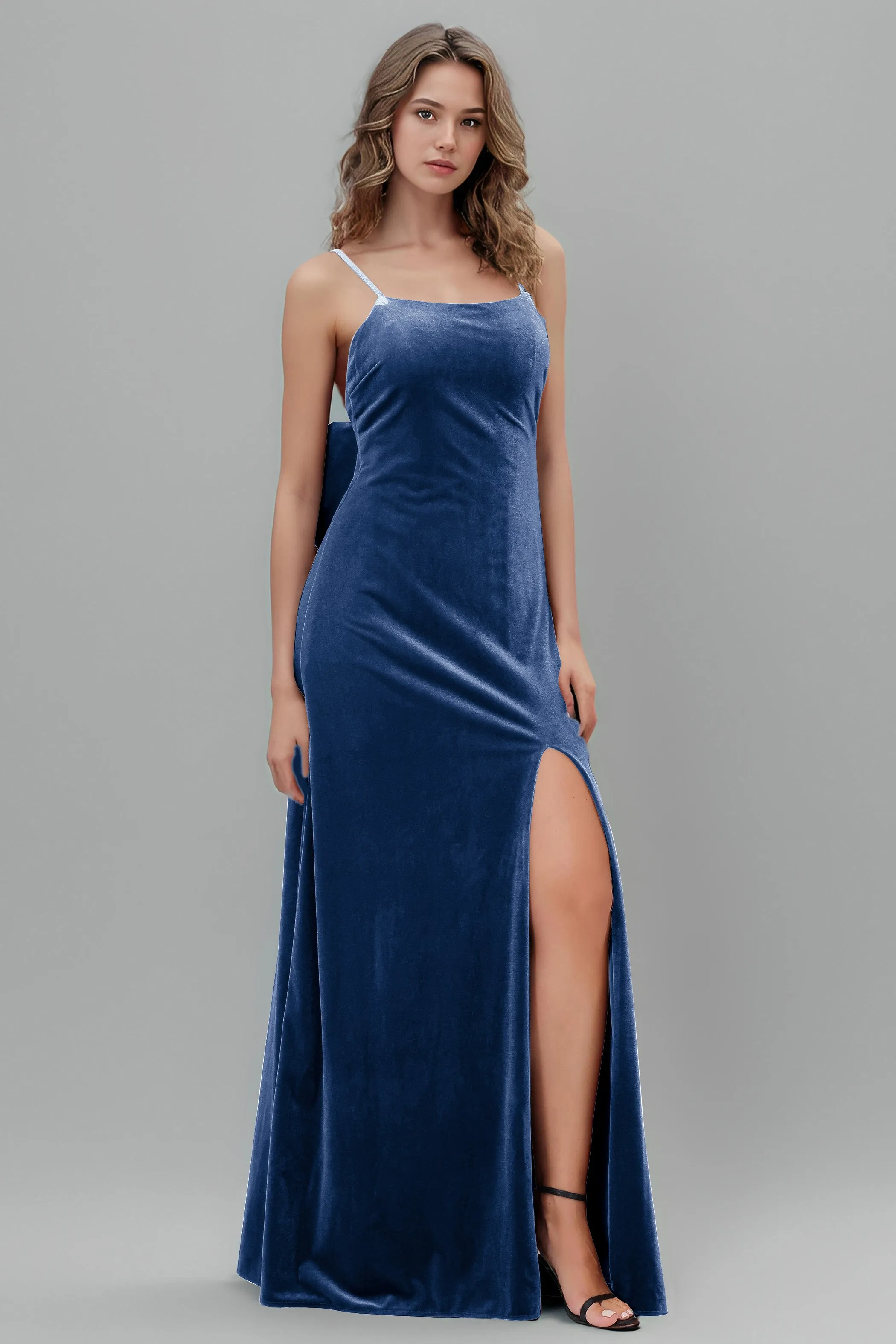 Velvet Spaghetti Straps Backless Bridesmaid Dresses with Bowknot