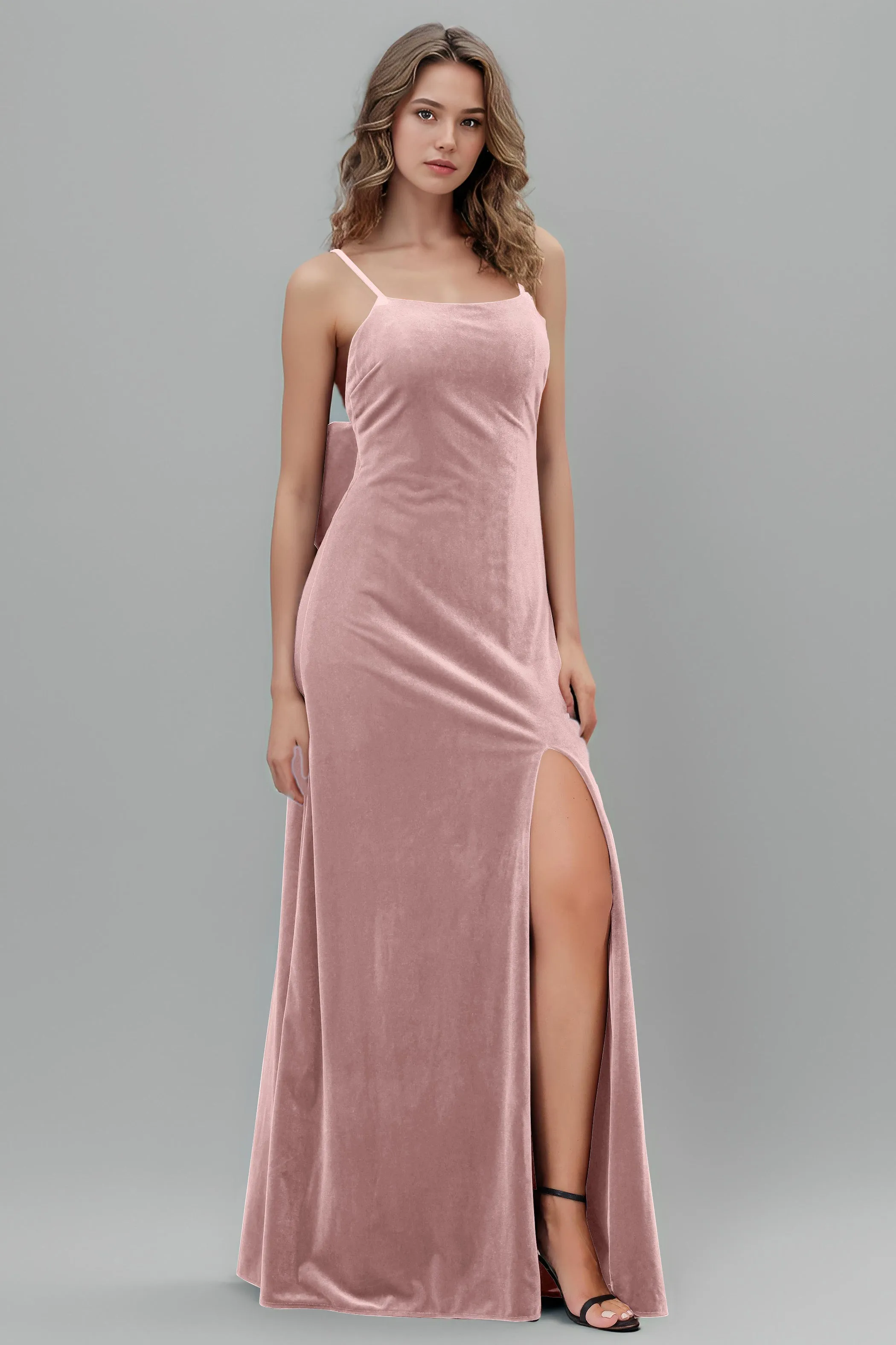 Velvet Spaghetti Straps Backless Bridesmaid Dresses with Bowknot