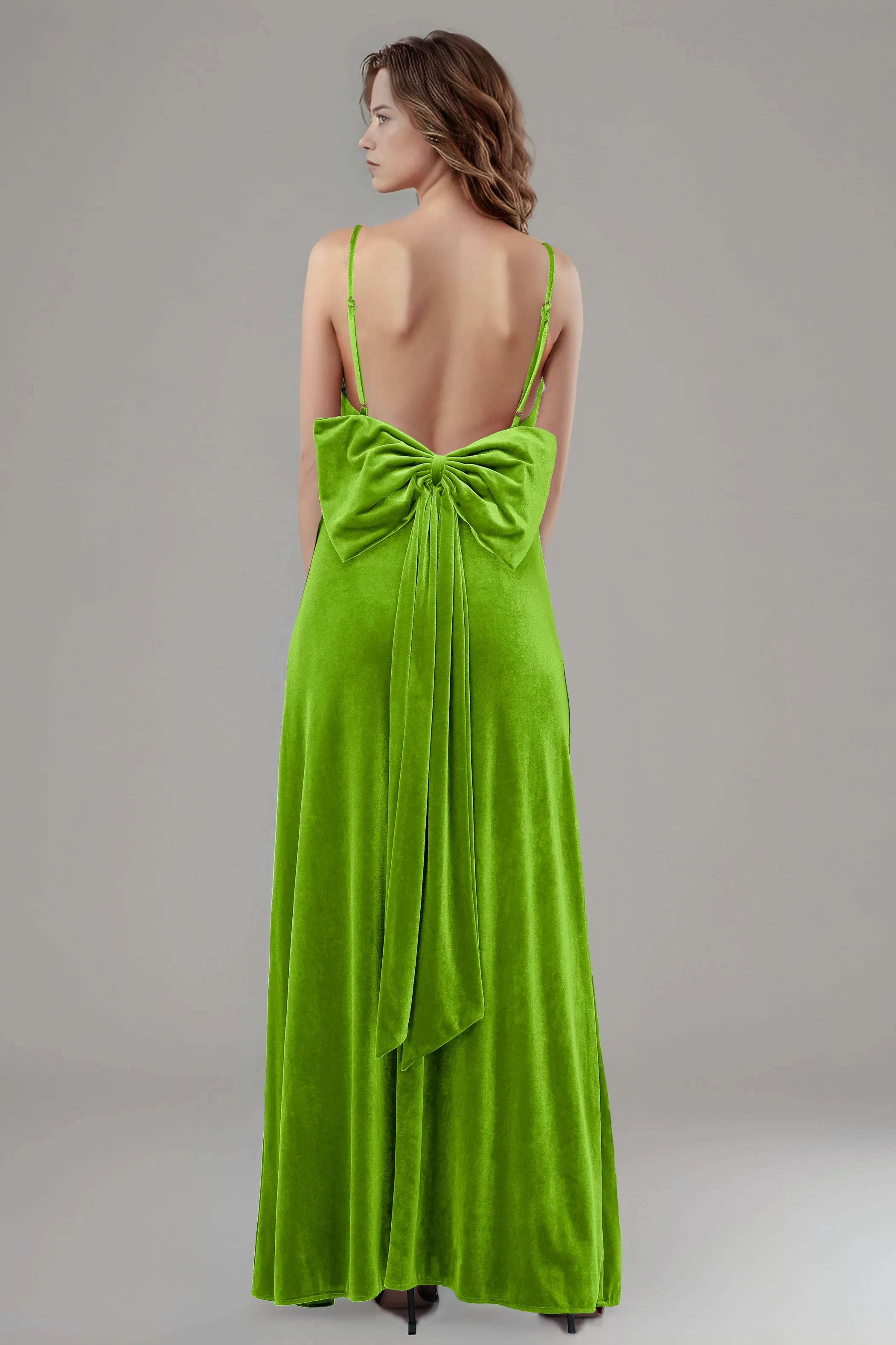 Velvet Spaghetti Straps Backless Bridesmaid Dresses with Bowknot