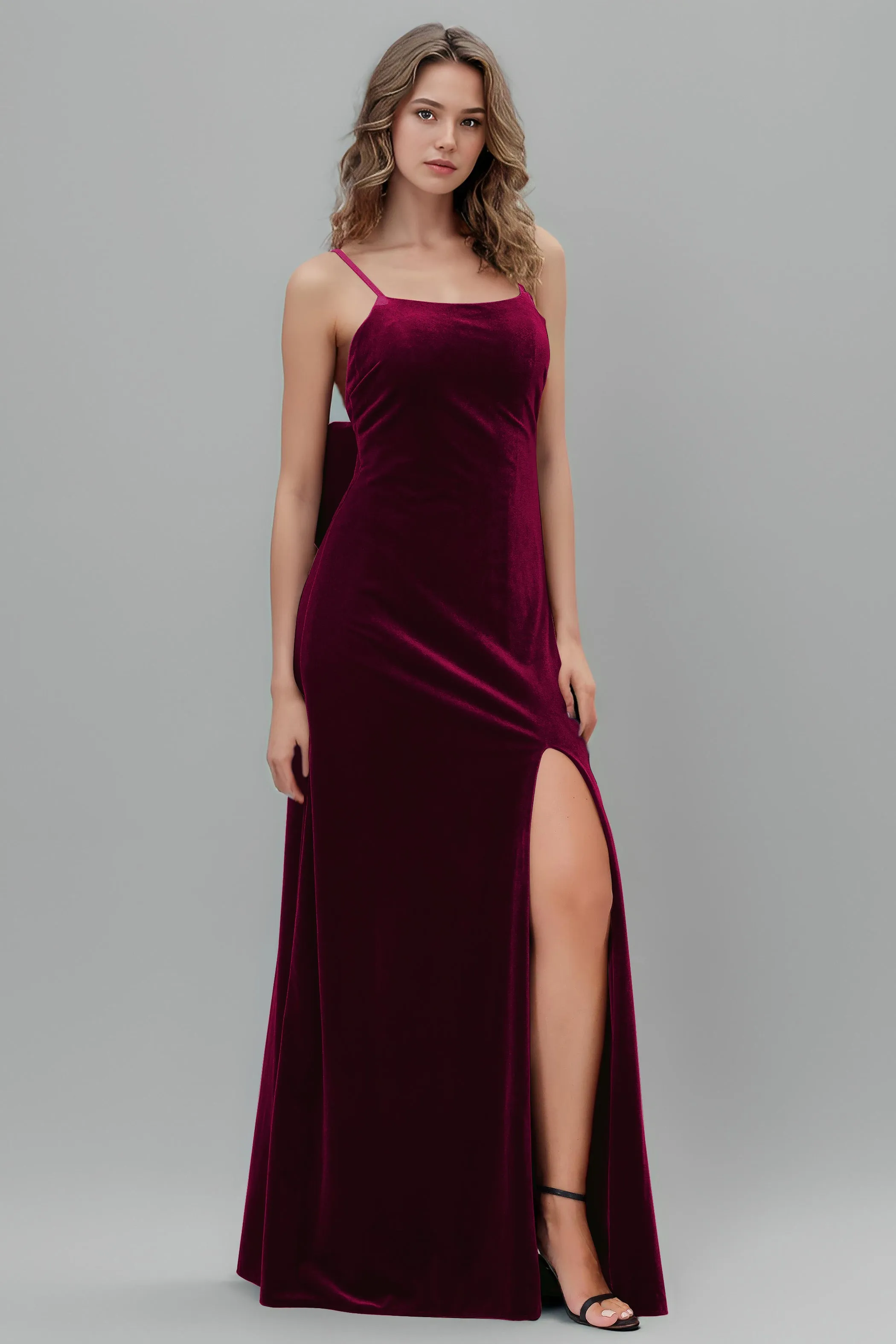 Velvet Spaghetti Straps Backless Bridesmaid Dresses with Bowknot