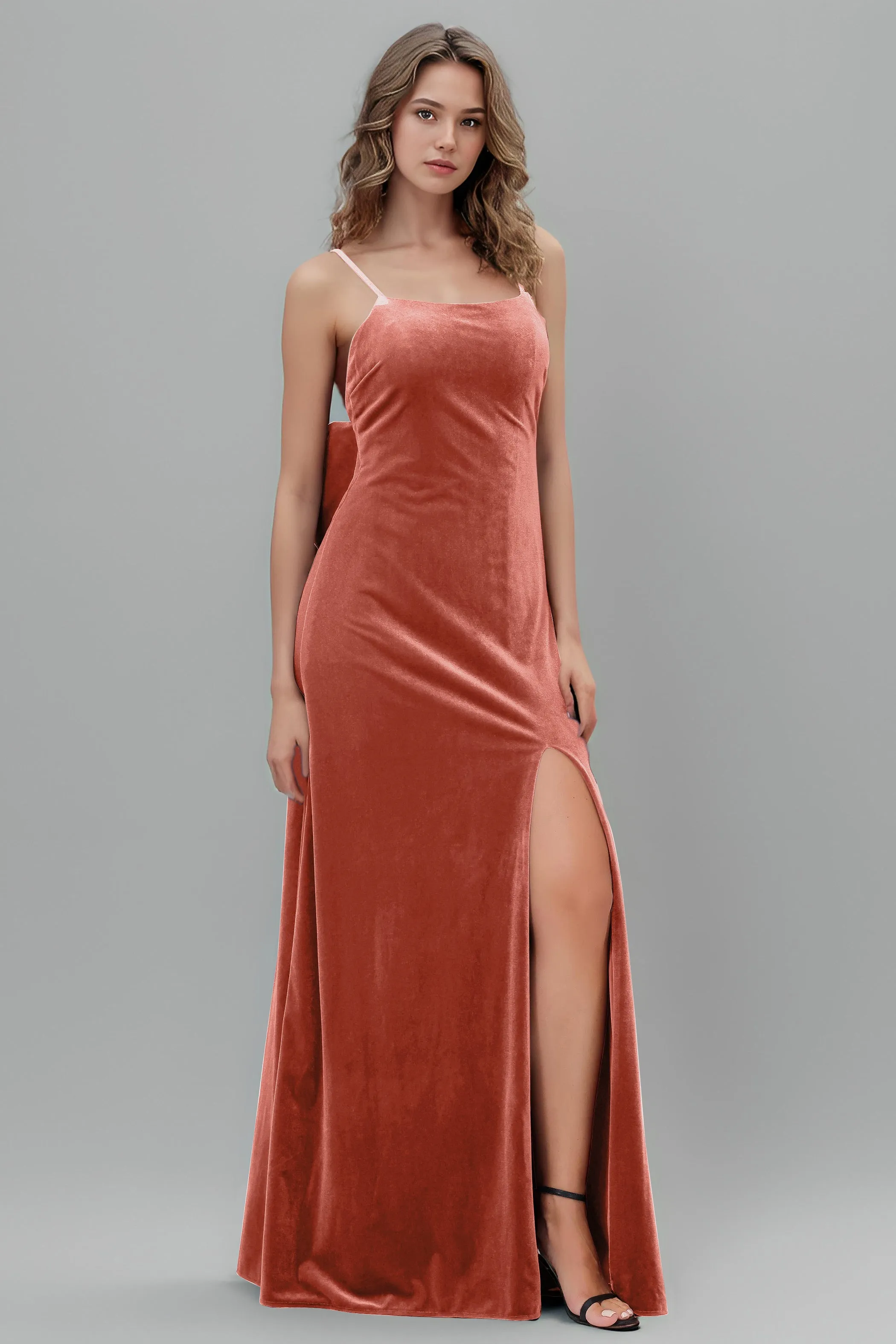 Velvet Spaghetti Straps Backless Bridesmaid Dresses with Bowknot